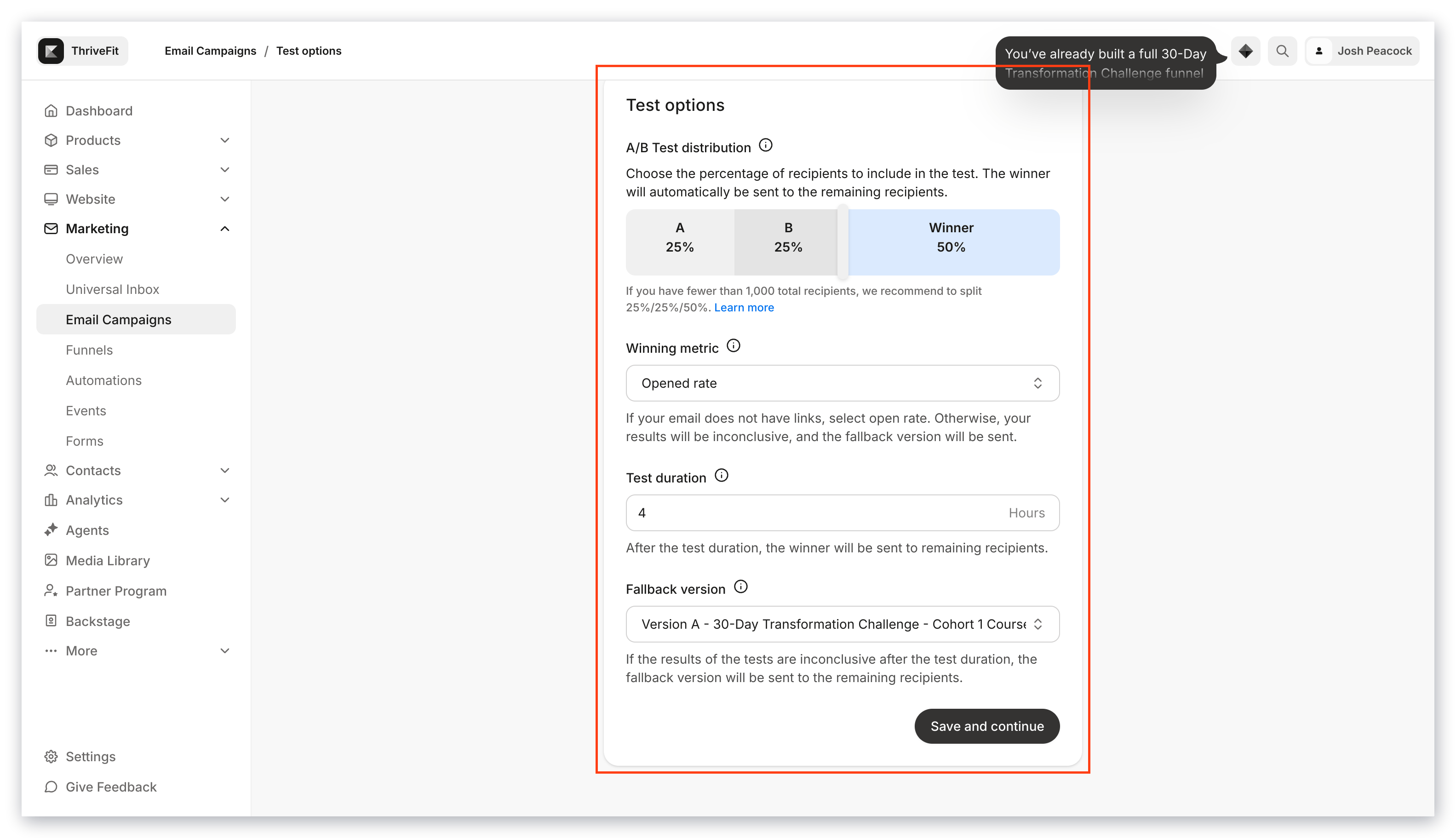 A/B Test options
