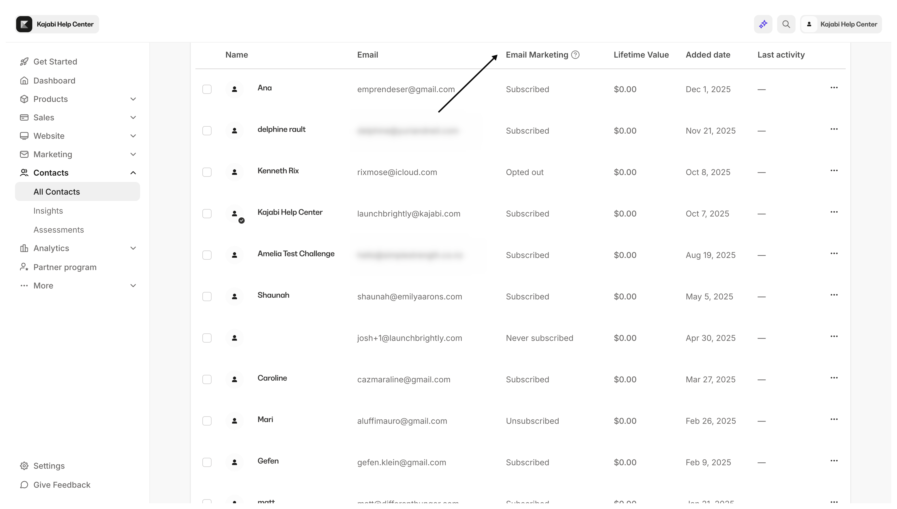 Subscription status in Contacts tab
