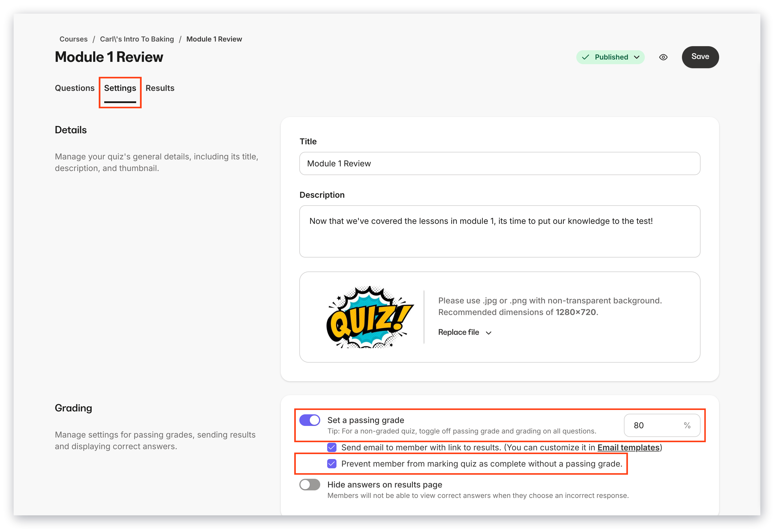 Quiz passing grade setting