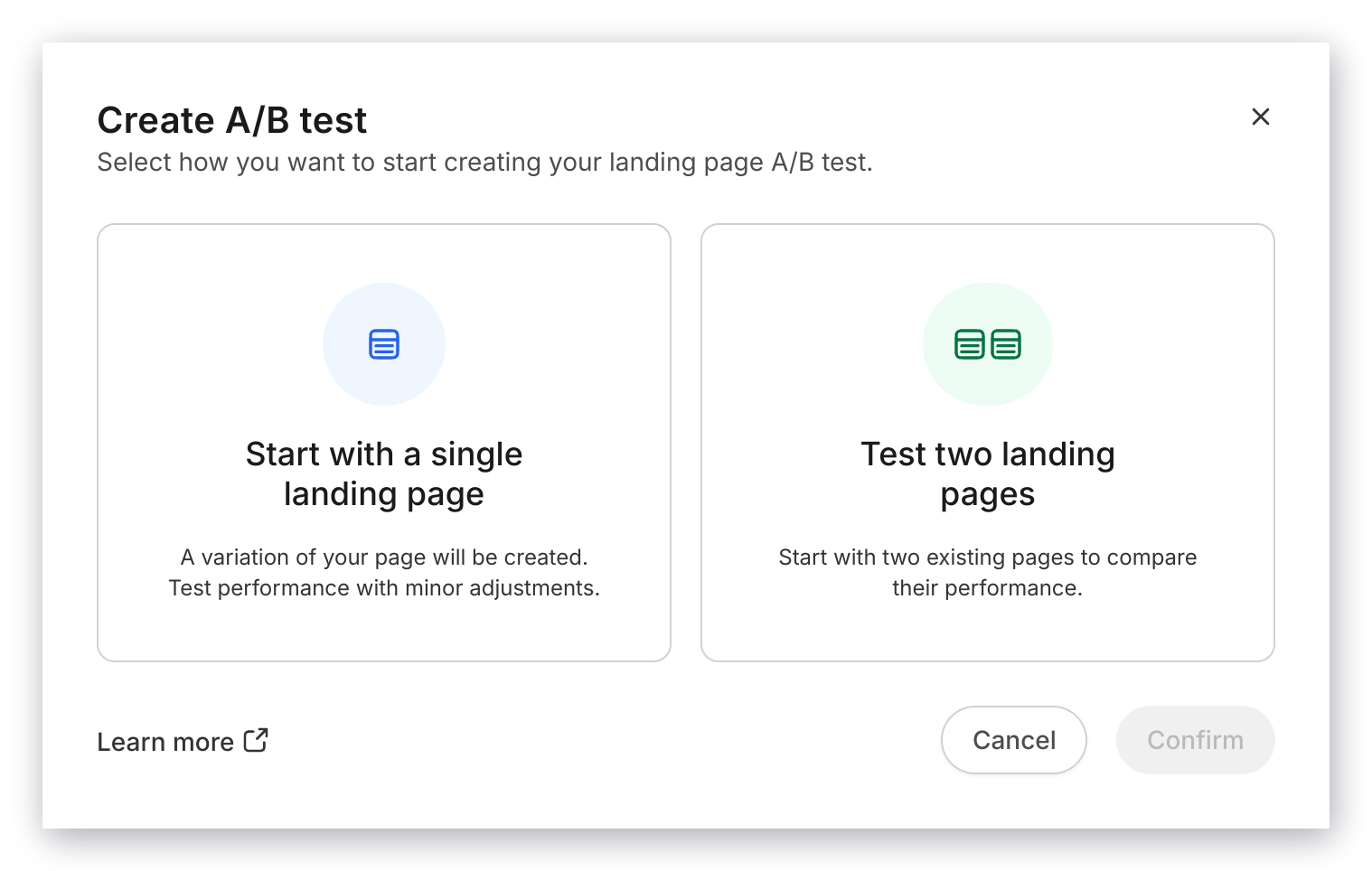 Landing Page A/B test options