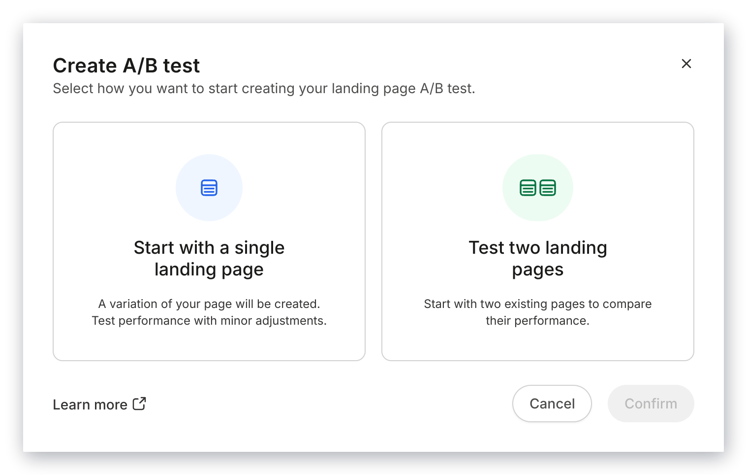 Landing Page A/B test options