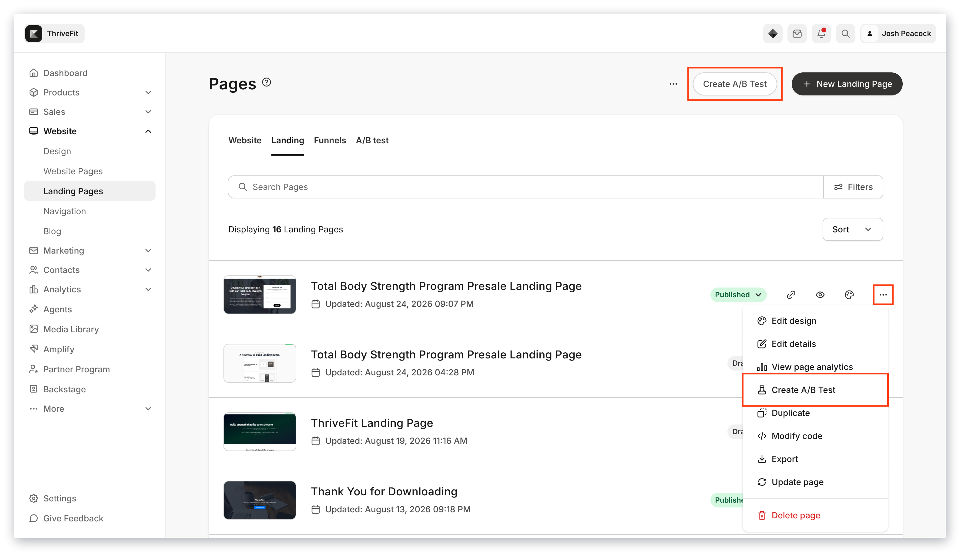 Create A/B Test menu