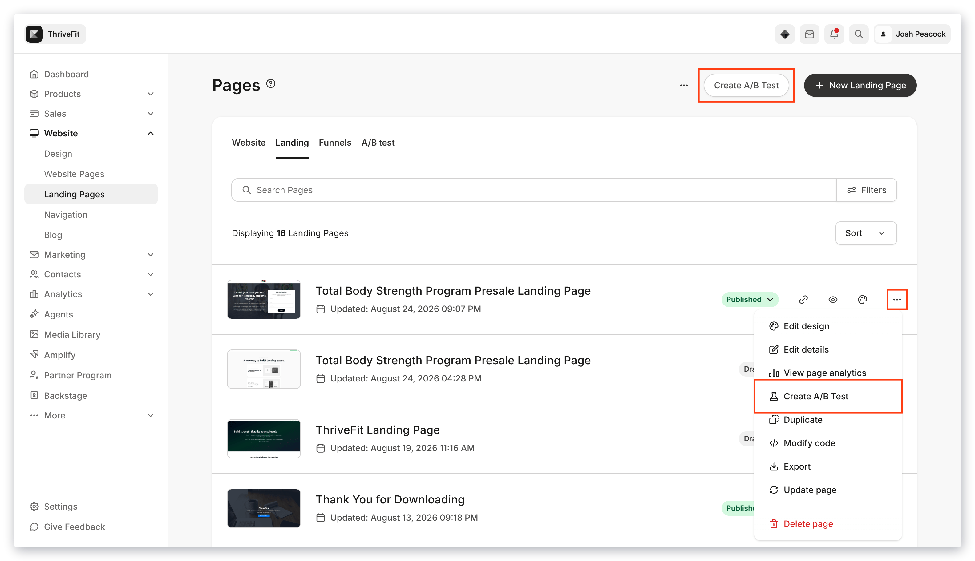 Create A/B Test menu