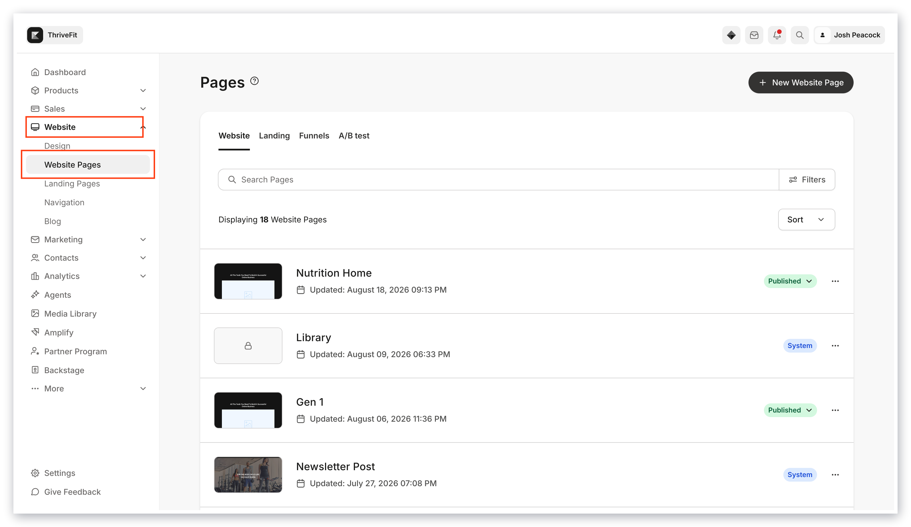 Páginas del sitio web