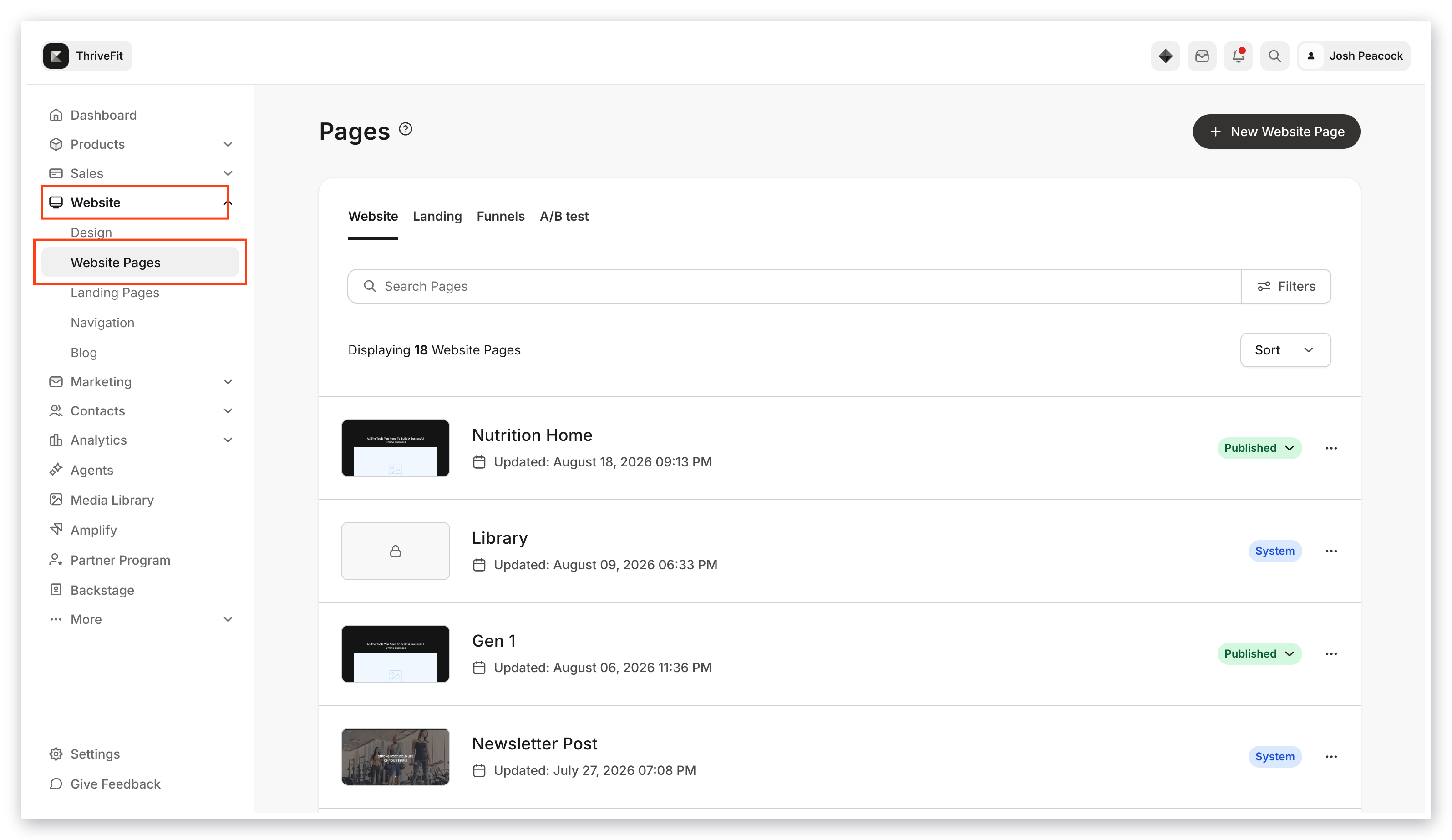 Páginas del sitio web