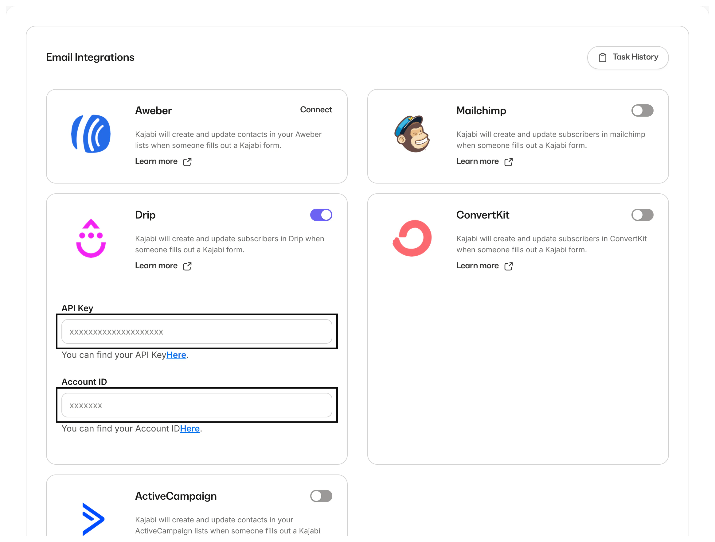 Drip Integration Settings