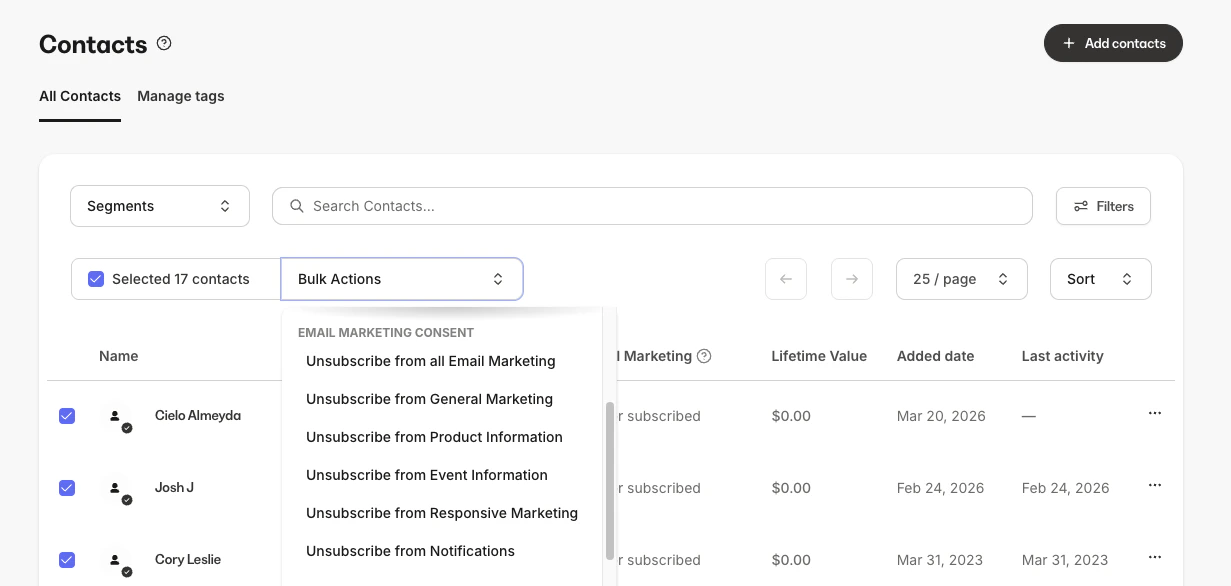 Marketing Categories Bulk Actions