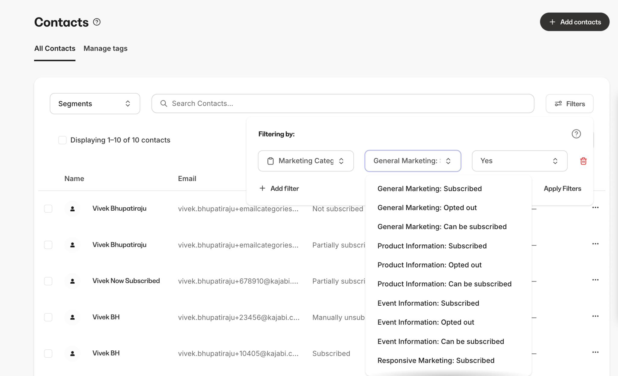 Marketing Categories Contact Filters