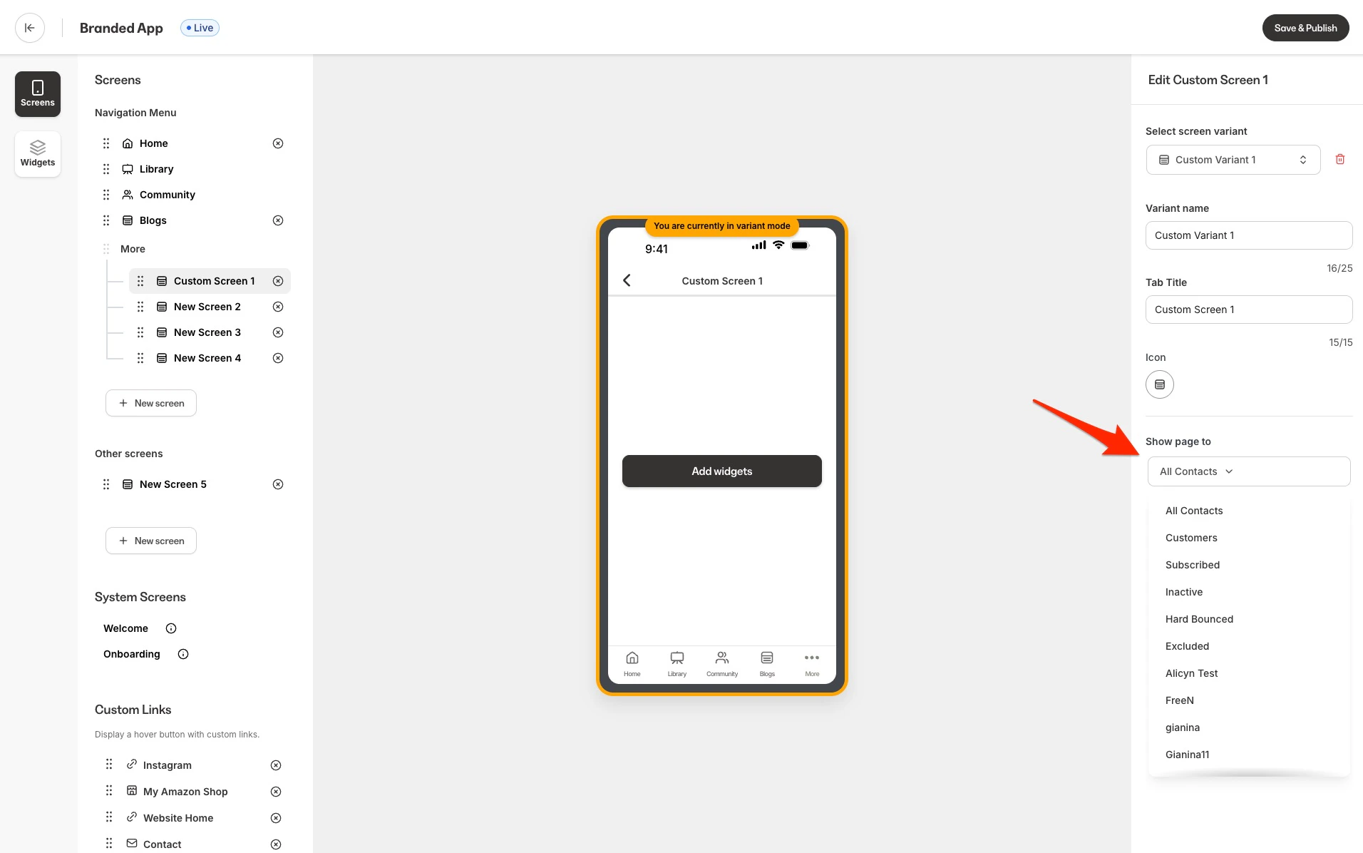 Show page to dropdown