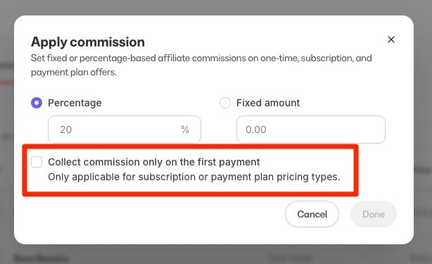 Subscription commission settings