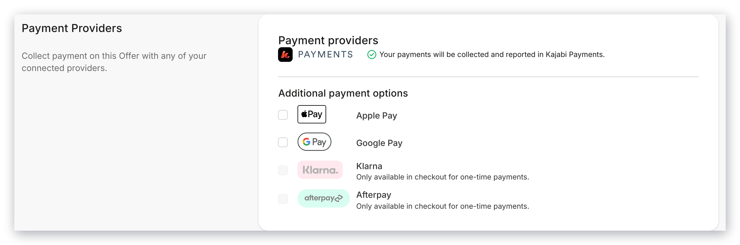 Payment options available with Kajabi Payments