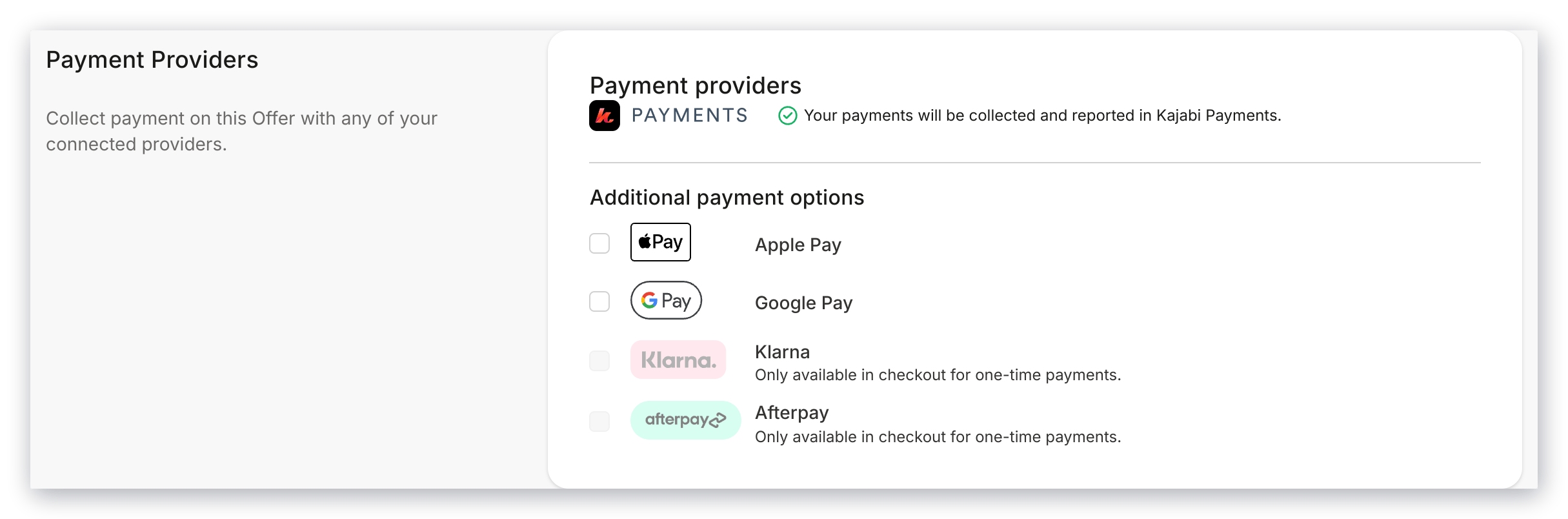 Payment options available with Kajabi Payments