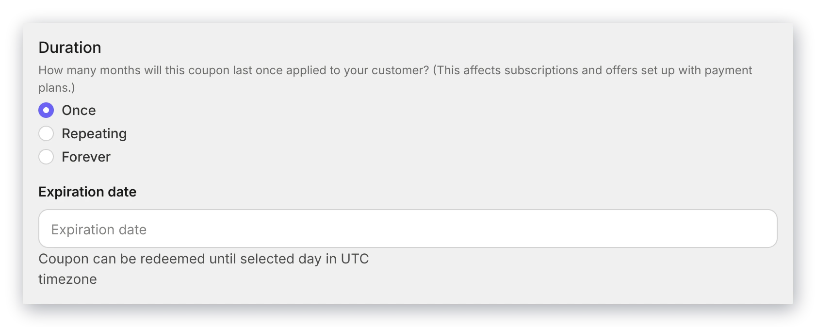 Coupon duration settings