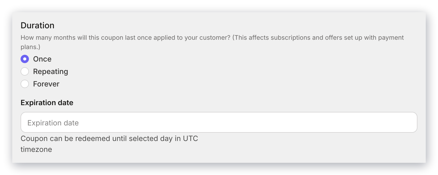 Coupon duration settings