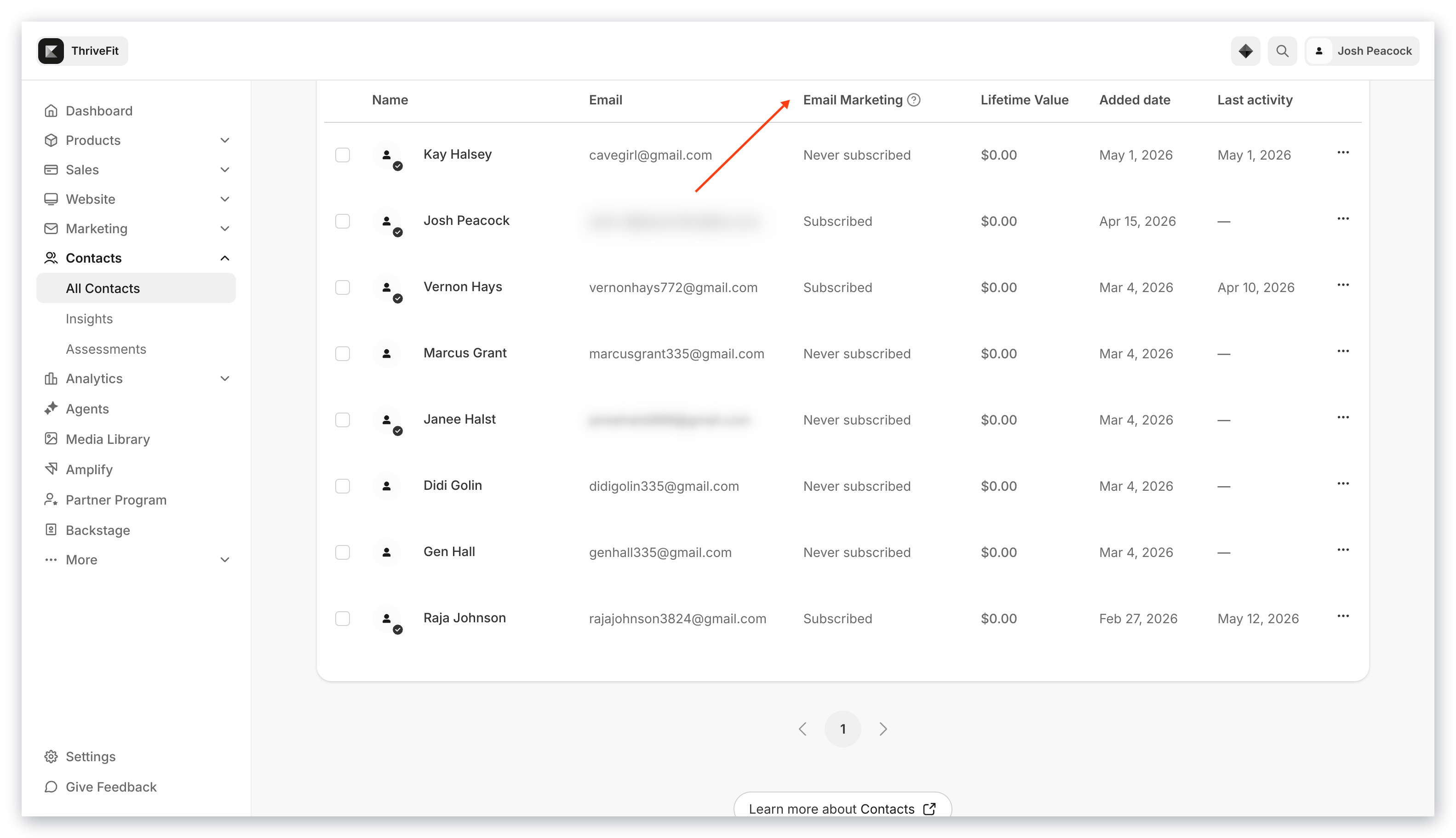 Subscription status in Contacts tab
