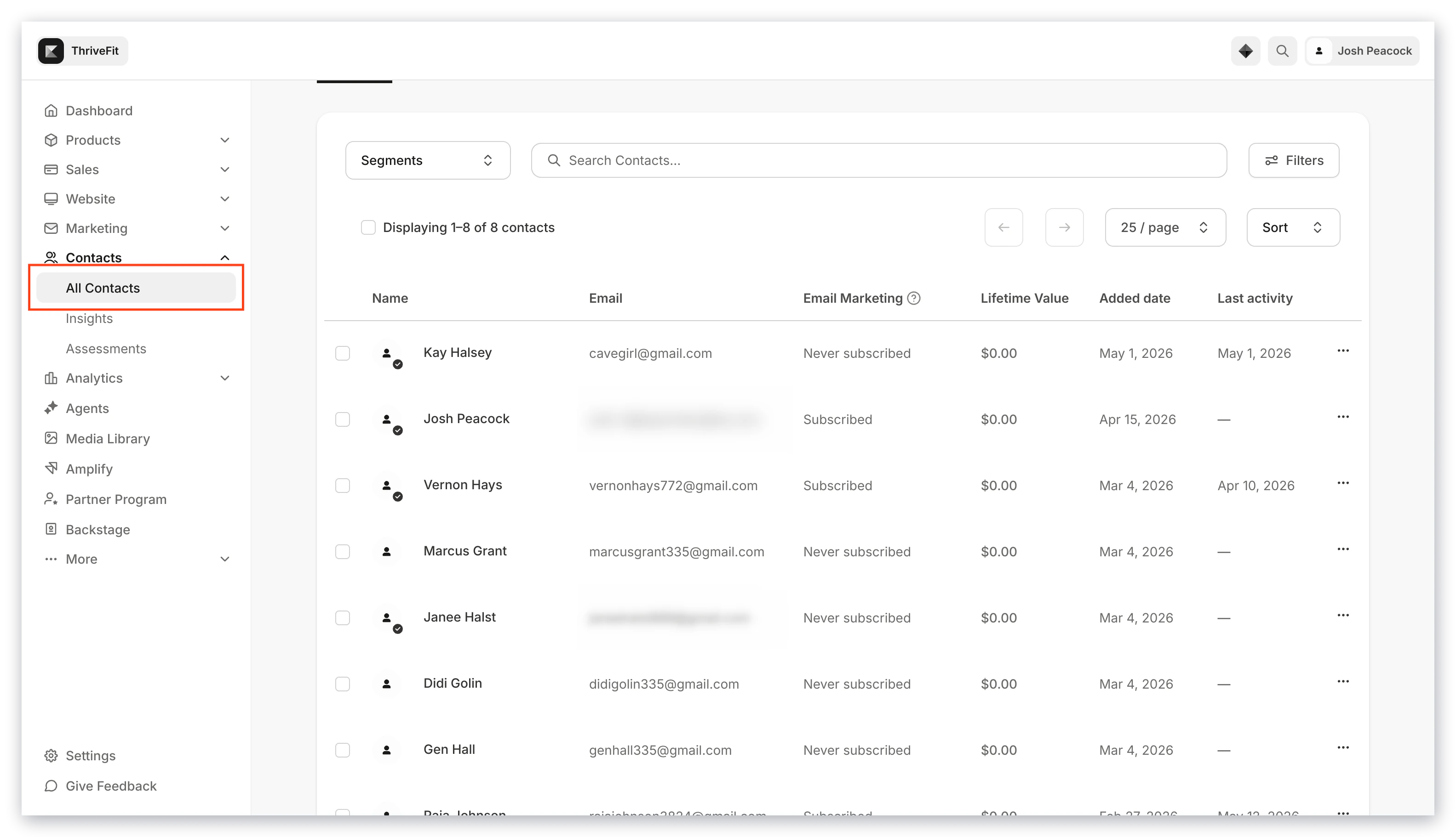 Contacts tab overview