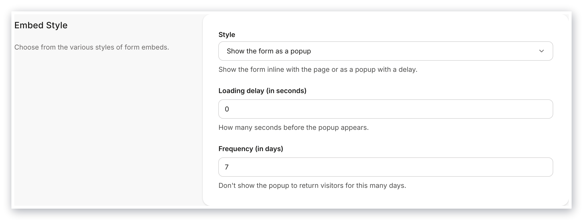 Pop-up form settings