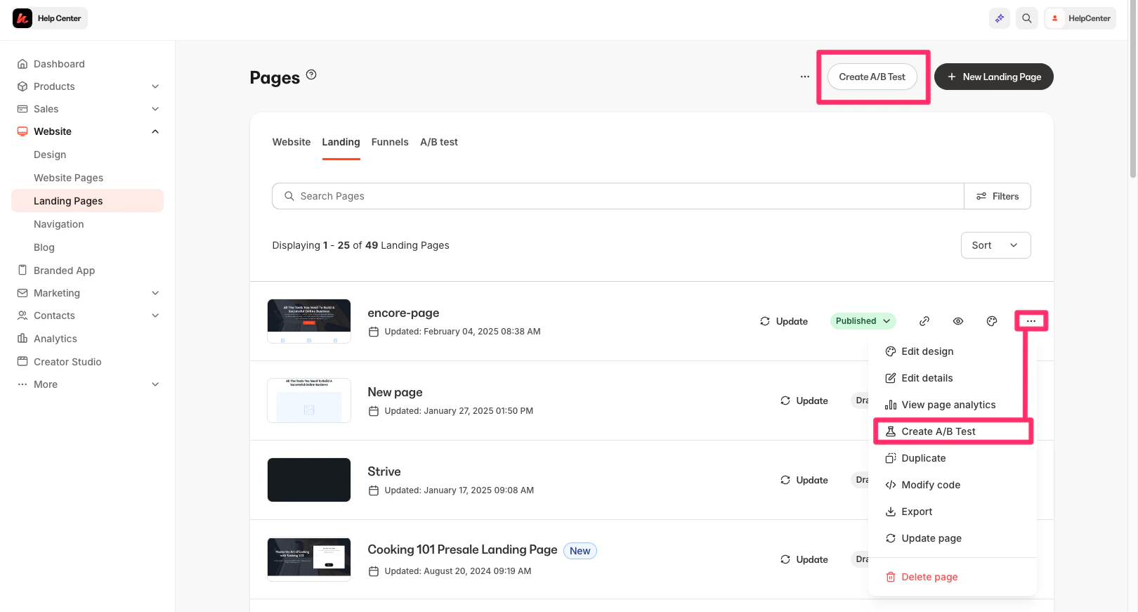 Create A/B Test menu