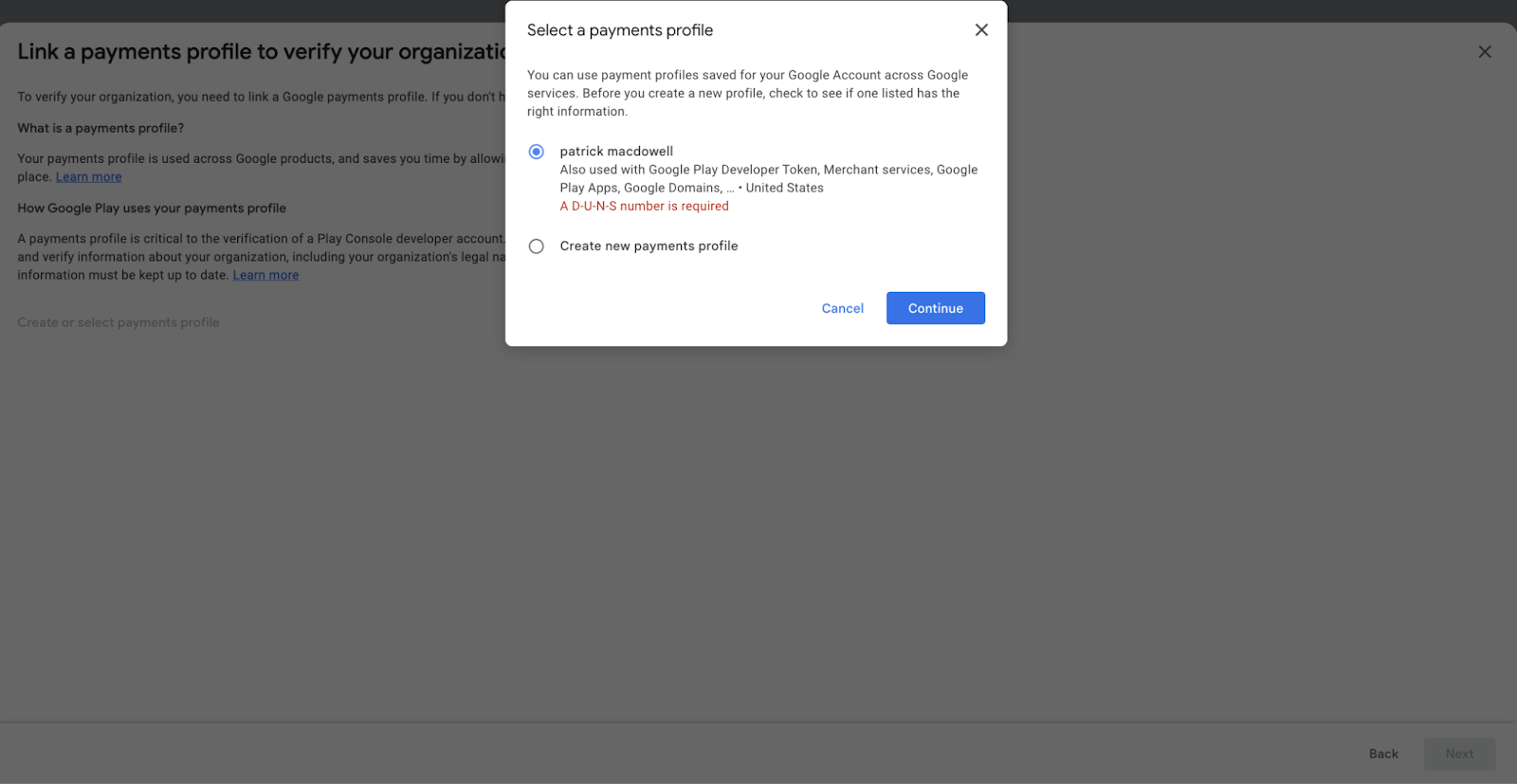 Existing Payments Profile