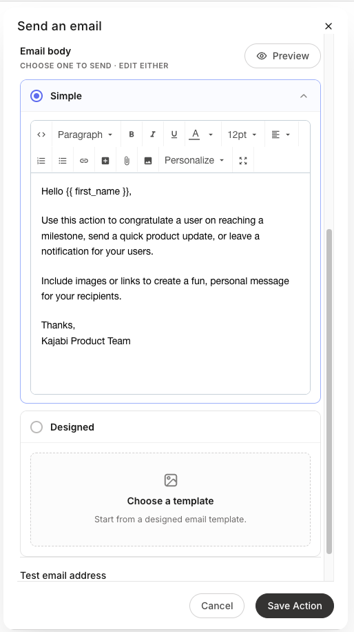 Simple and Designed email body cards in a Send an email action