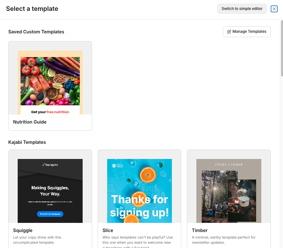 Select a template gallery showing saved custom templates and Kajabi templates