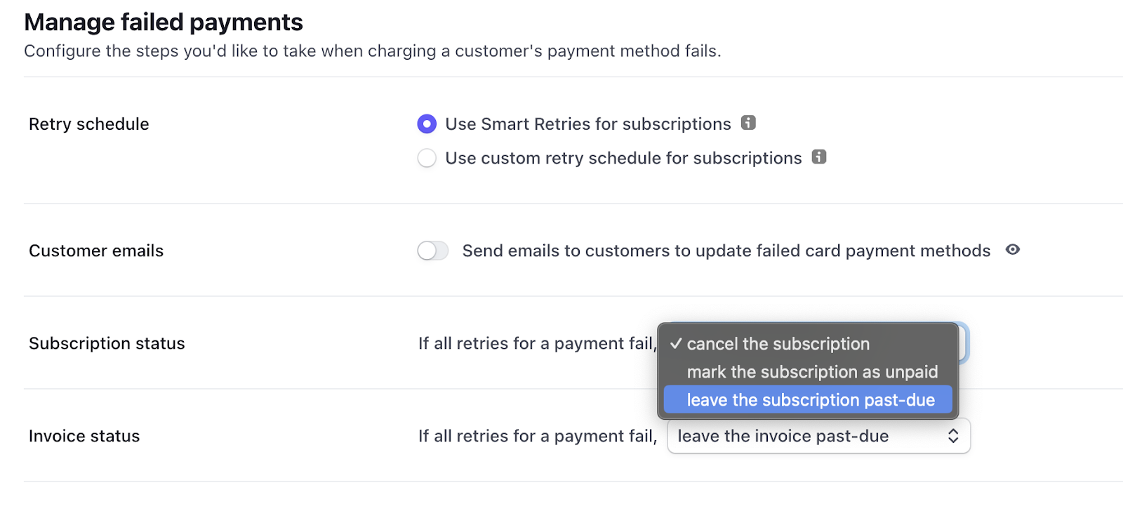 Stripe failed payment settings