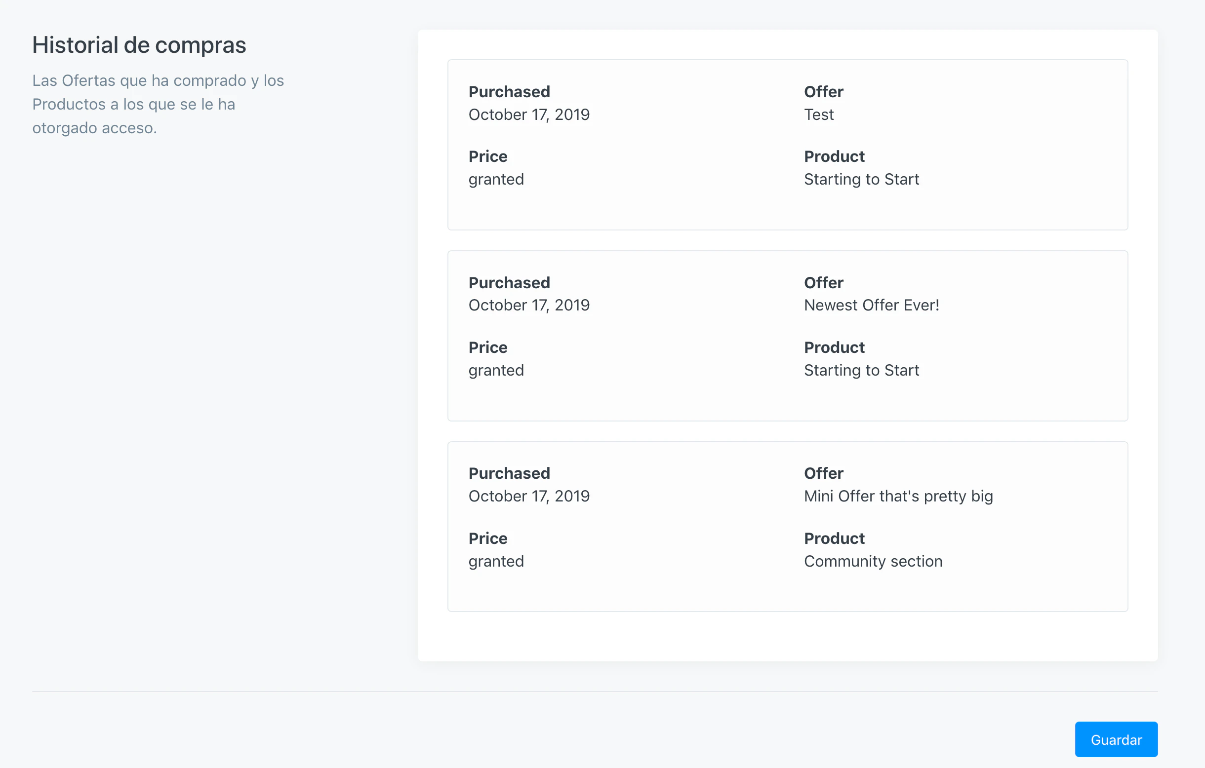 Customer settings page