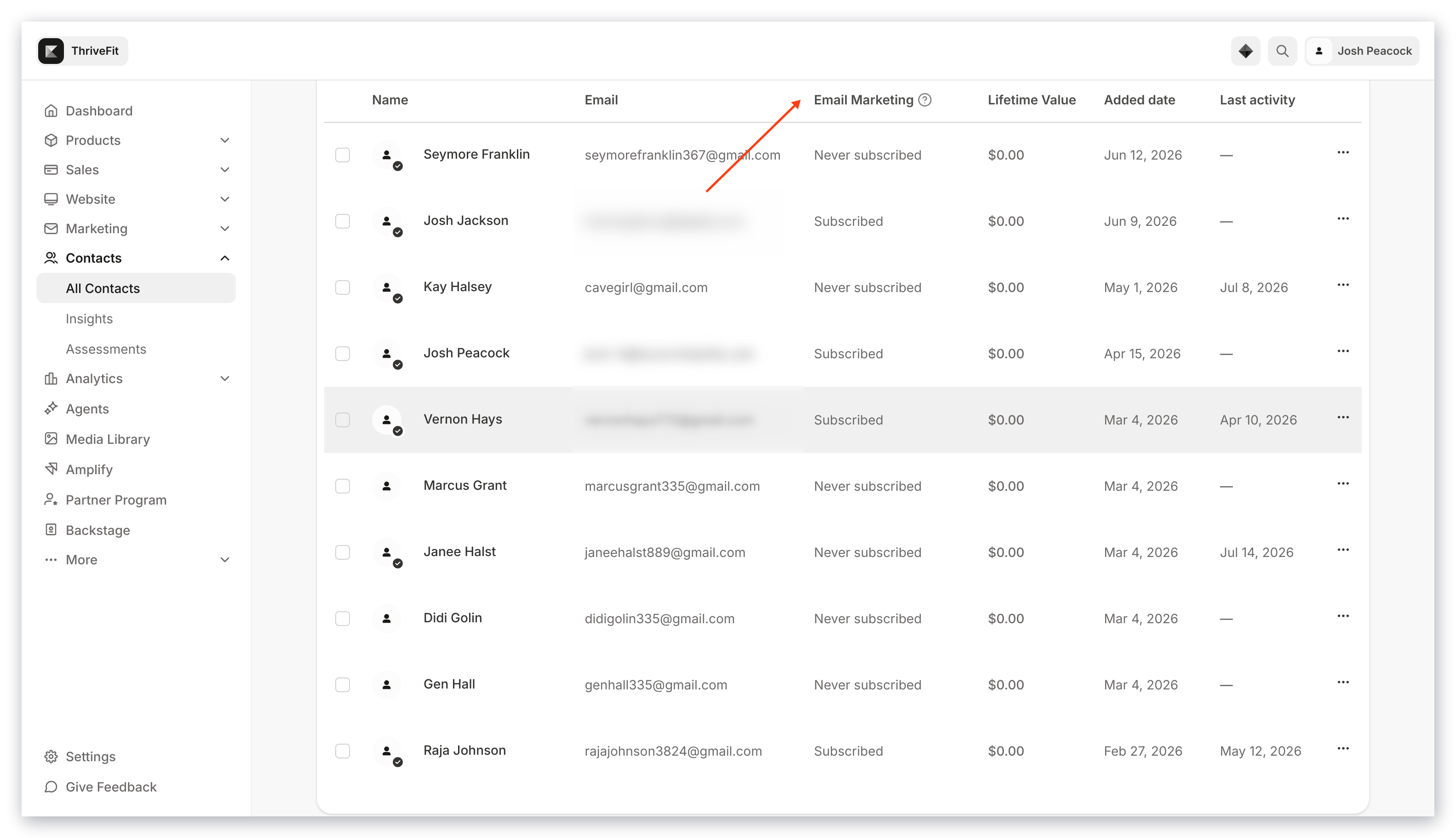 Subscription status in Contacts tab