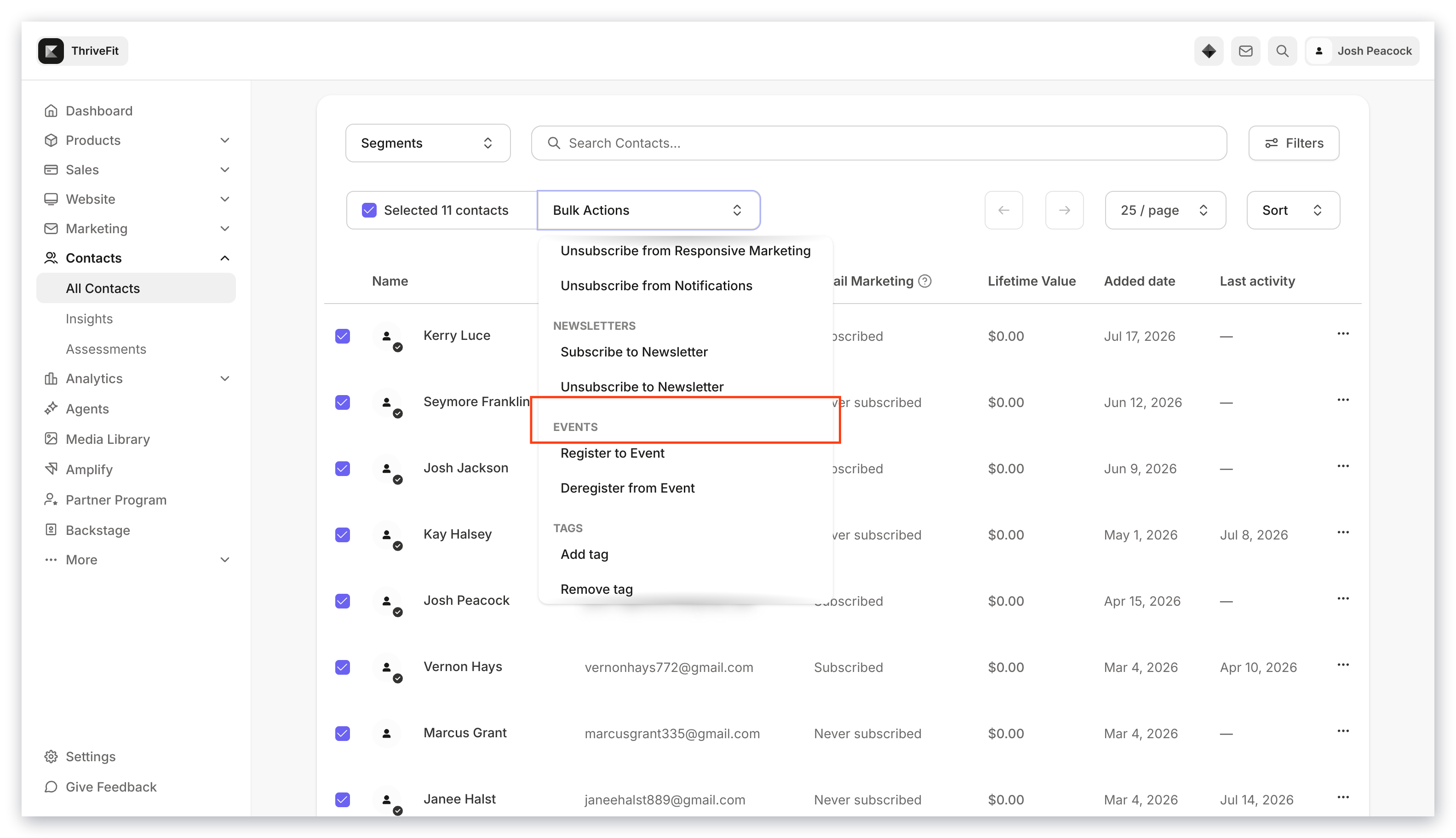 Bulk actions events