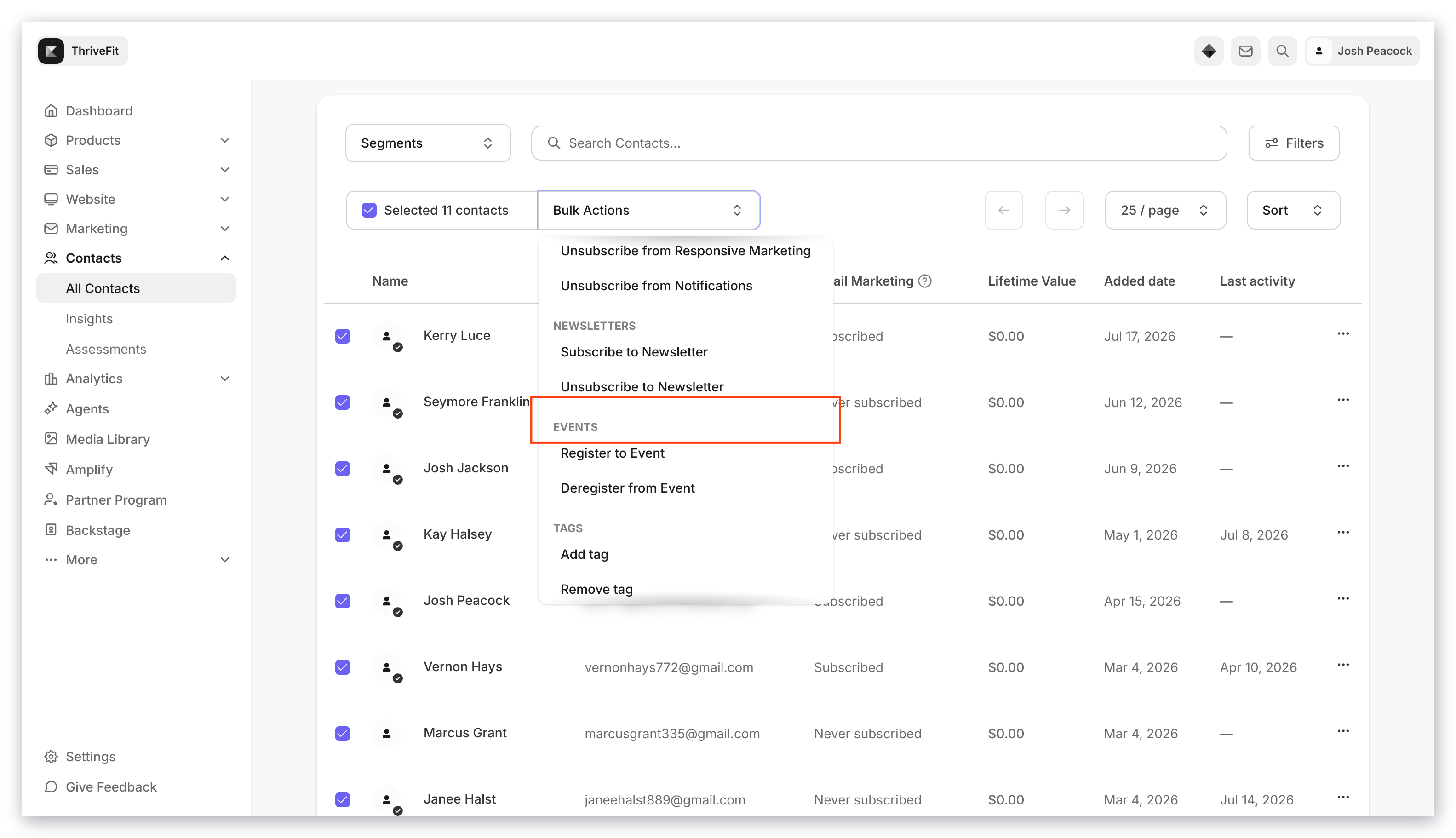 Bulk actions events