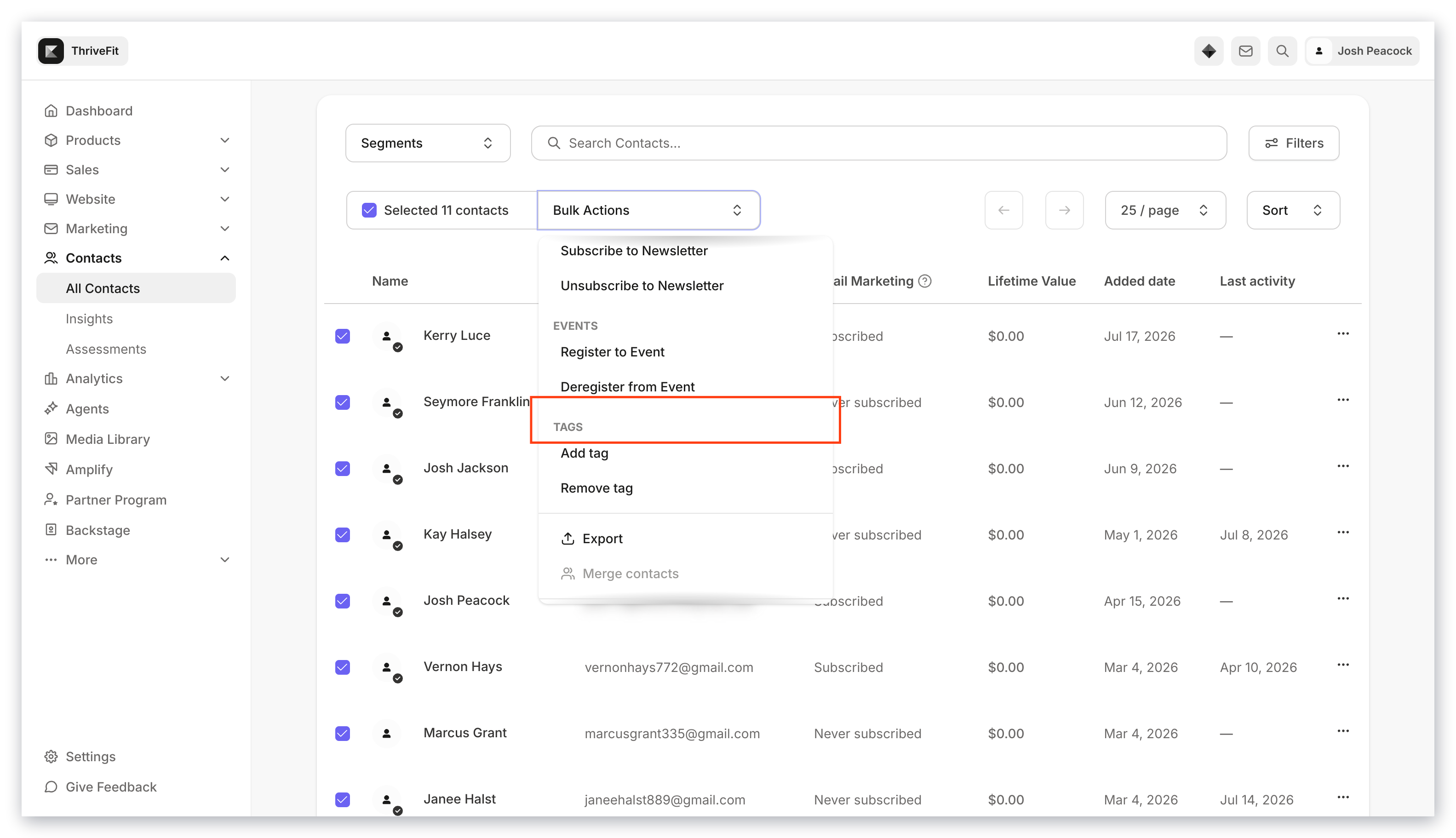 Bulk actions tags