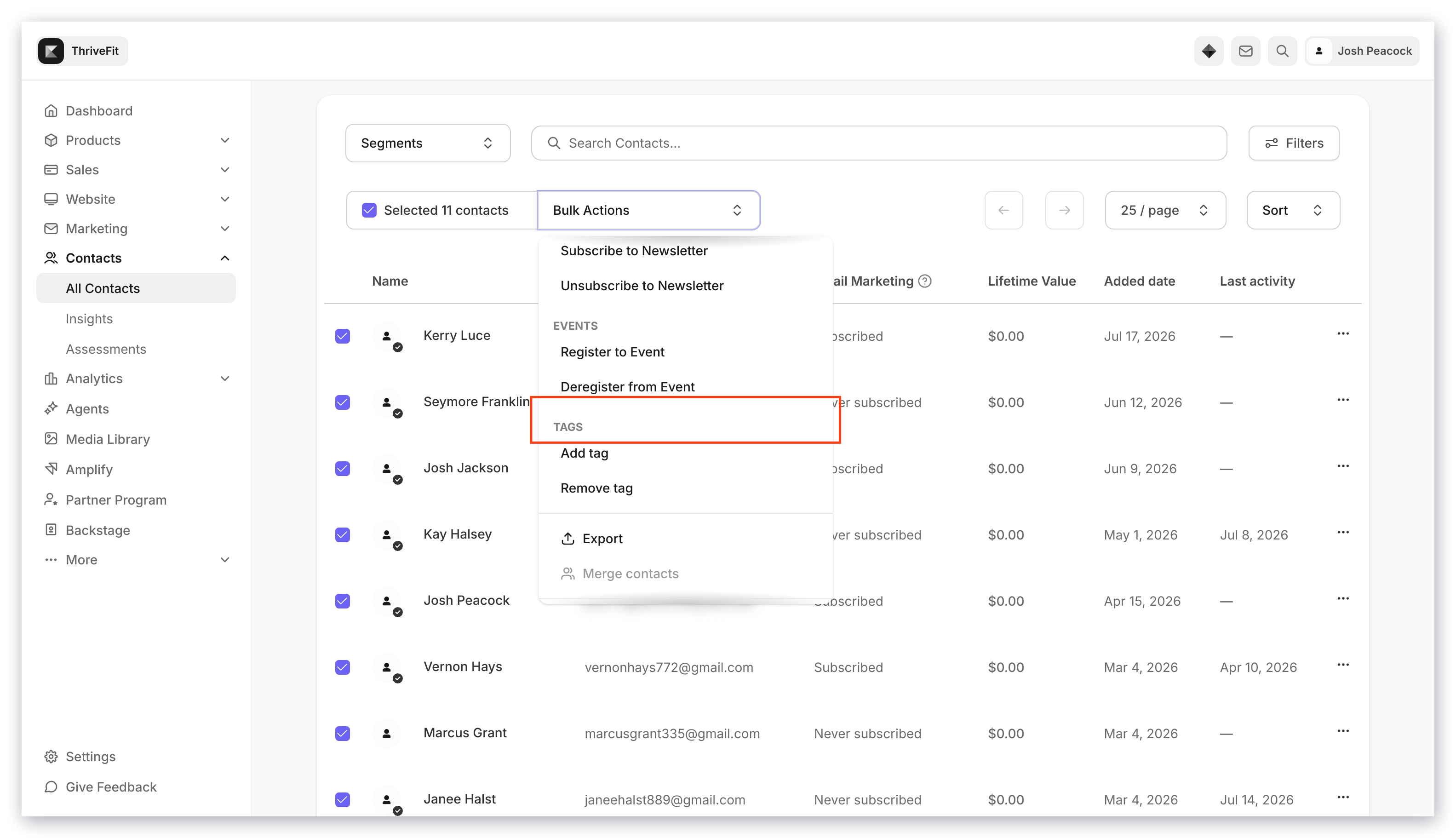 Bulk actions tags