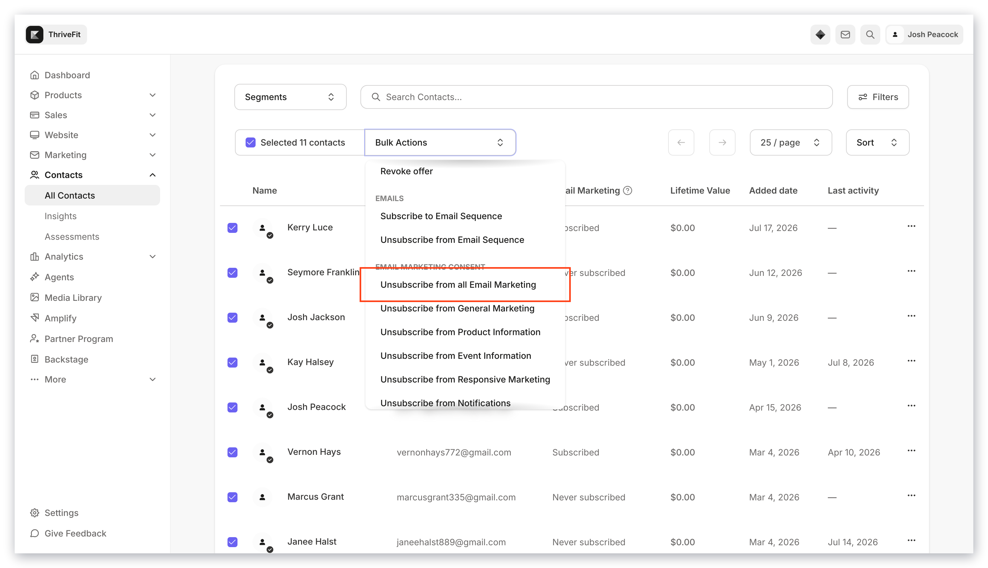 Bulk actions unsubscribe