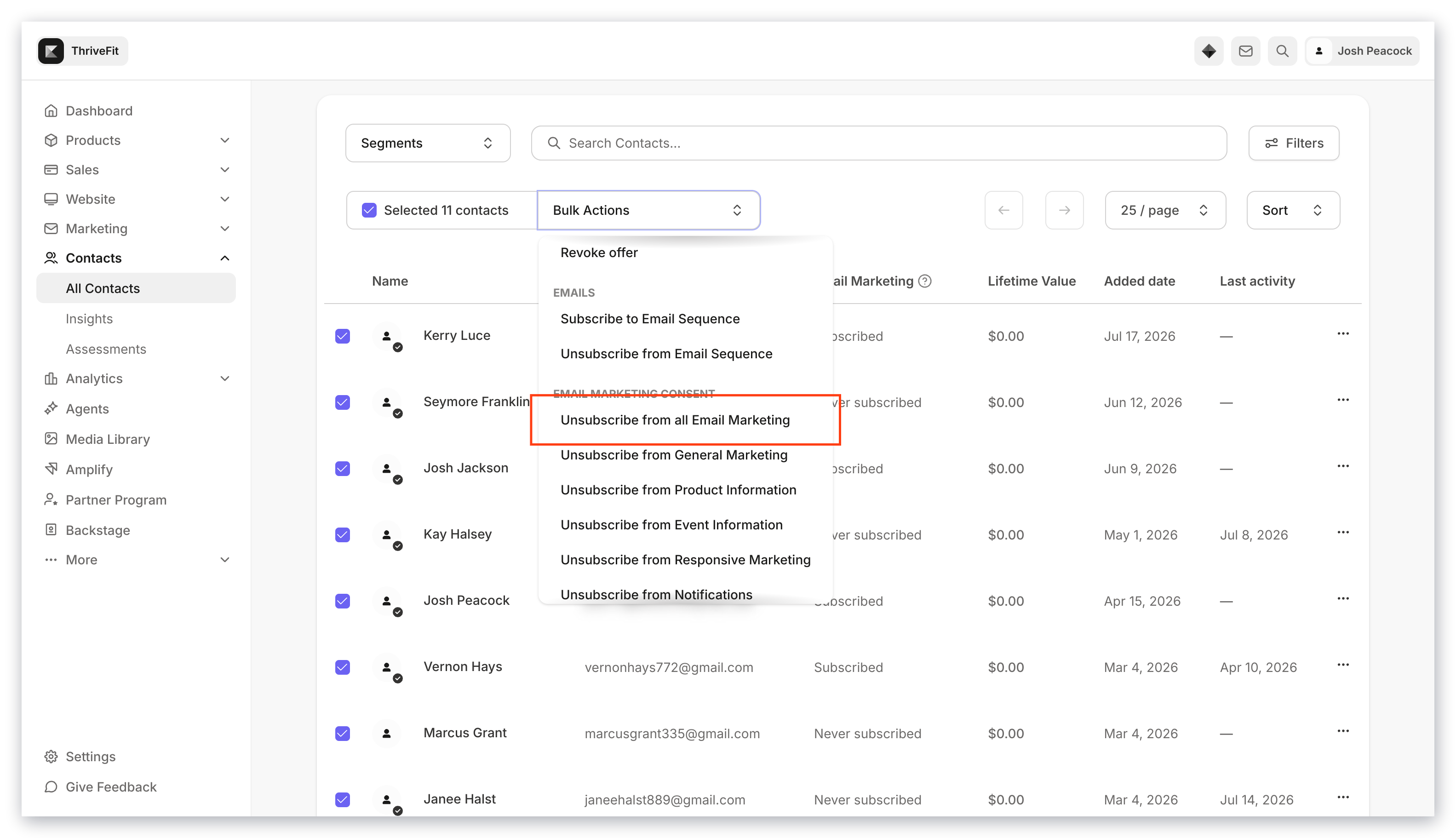Bulk actions unsubscribe