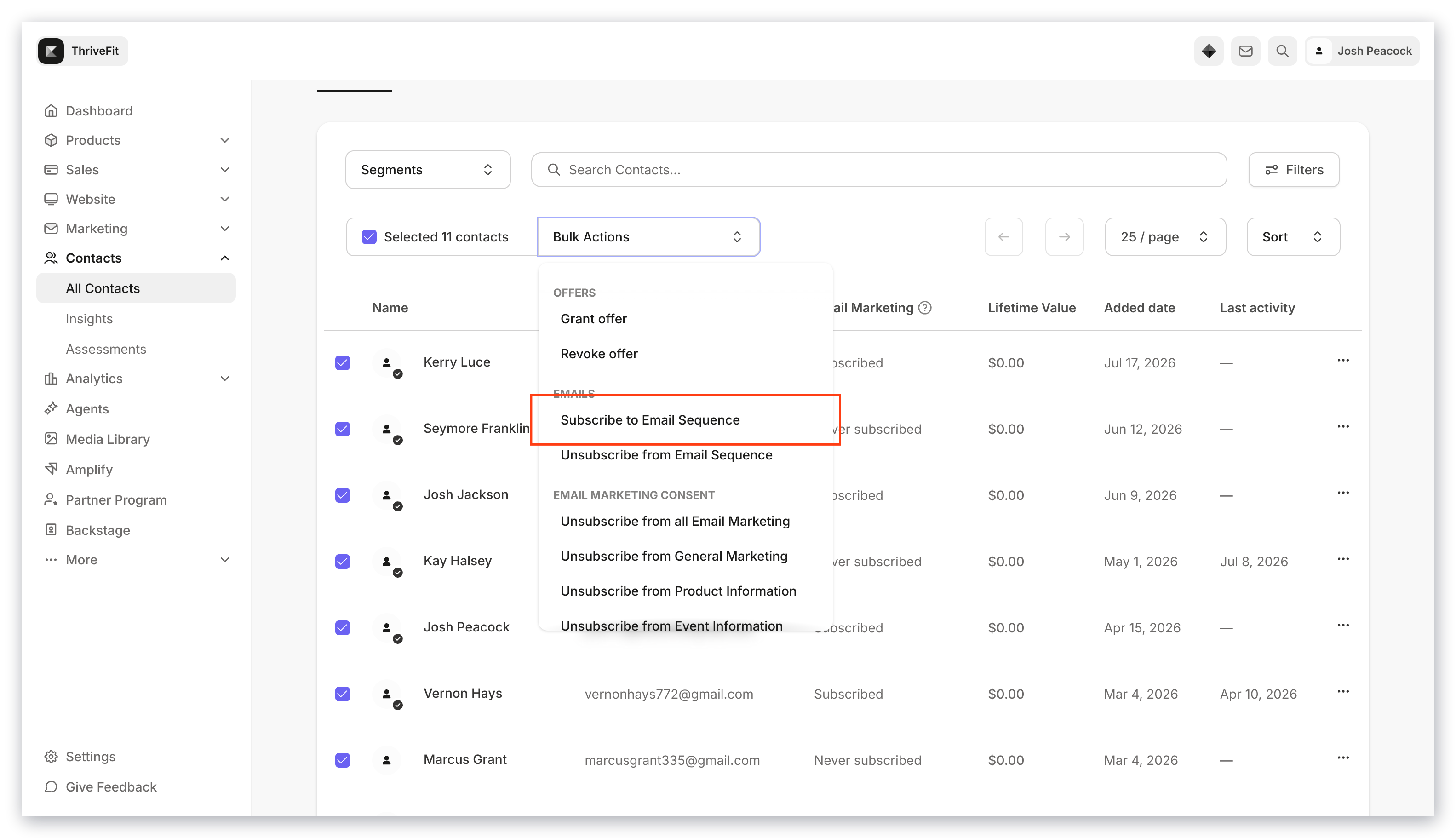 Bulk actions email sequences