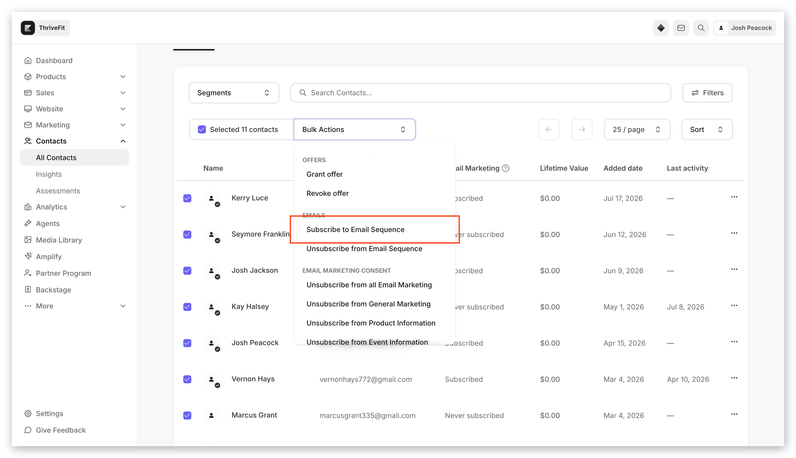 Bulk actions email sequences