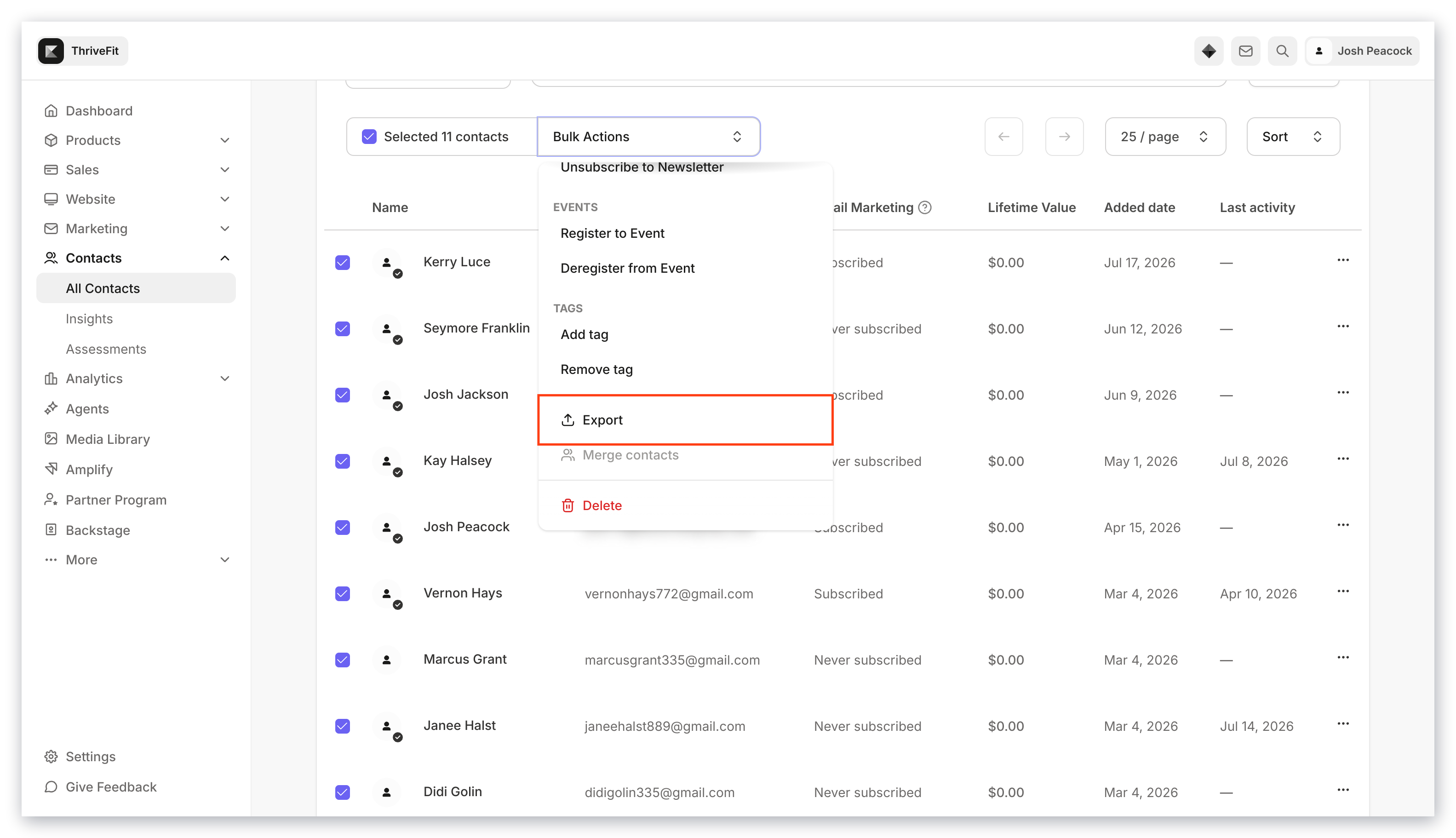 Bulk actions export