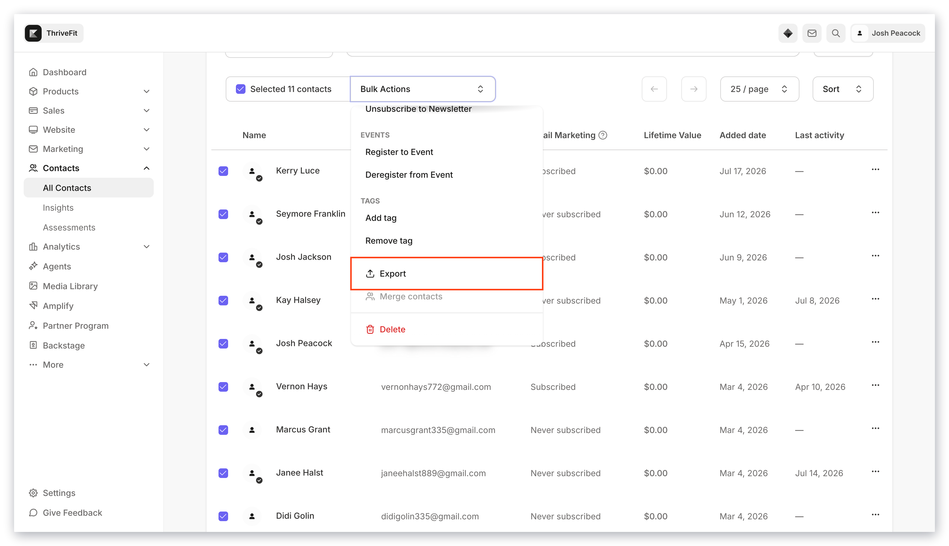 Bulk actions export