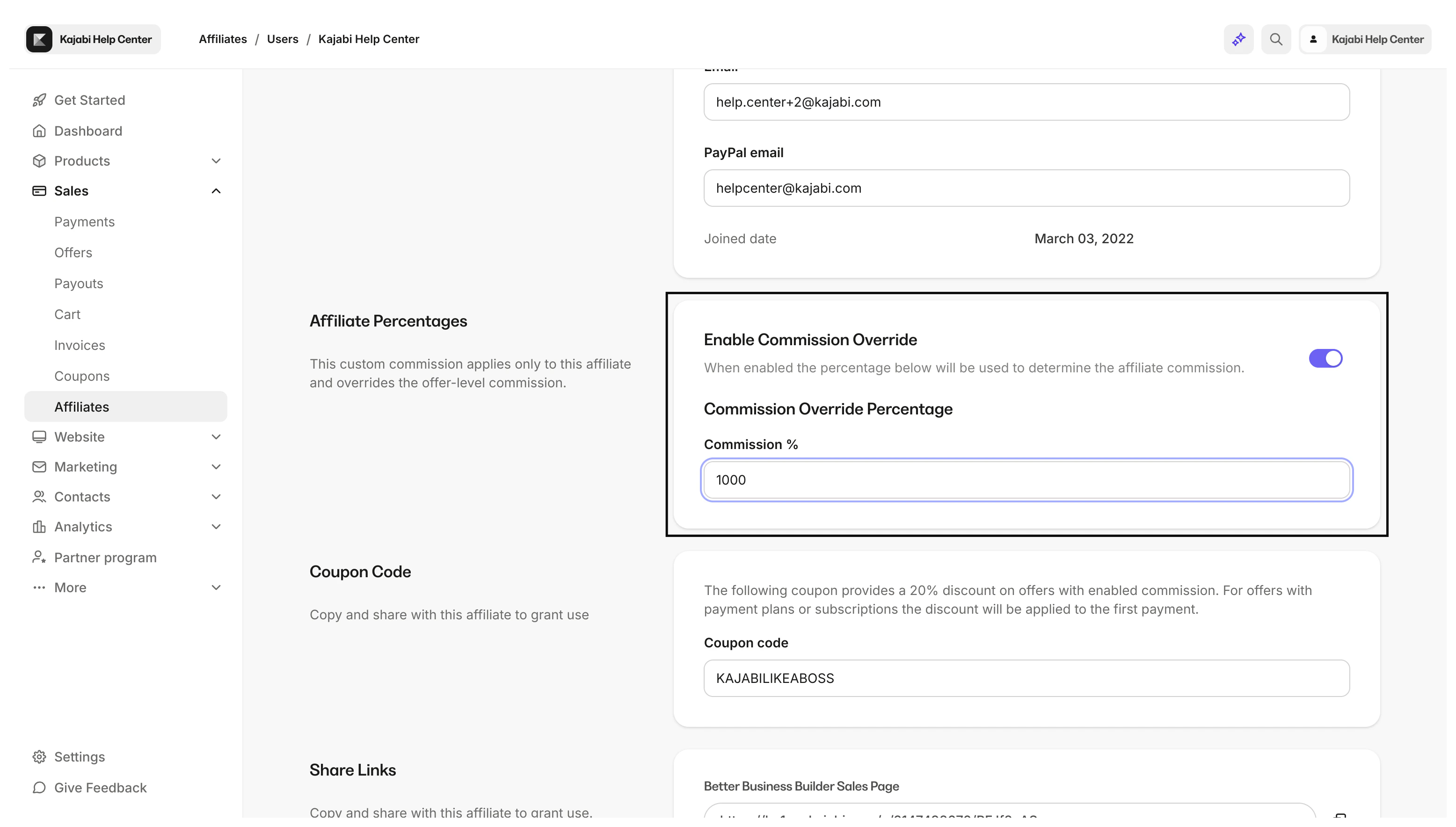 Affiliate percentage override