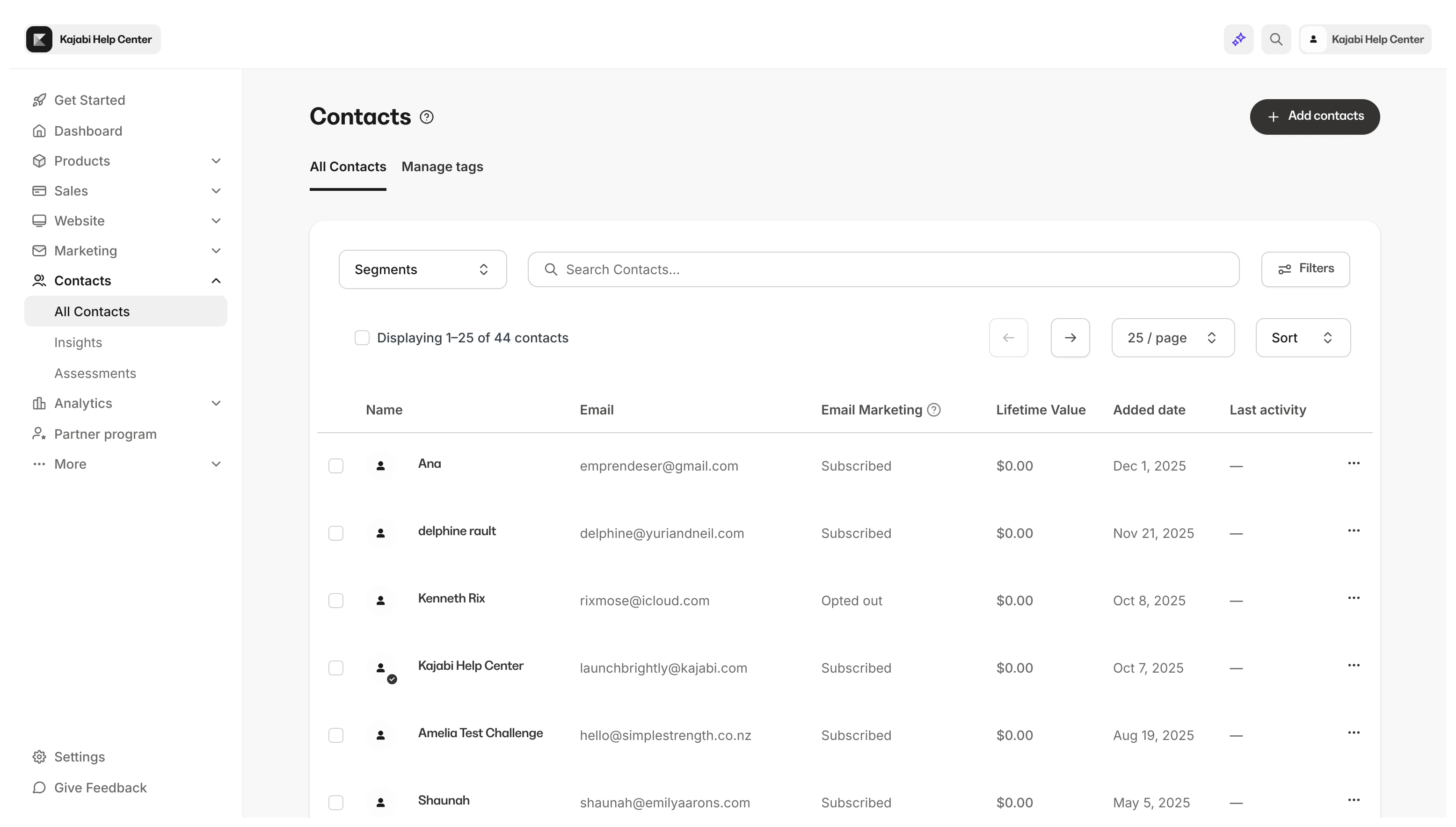 Contacts tab overview