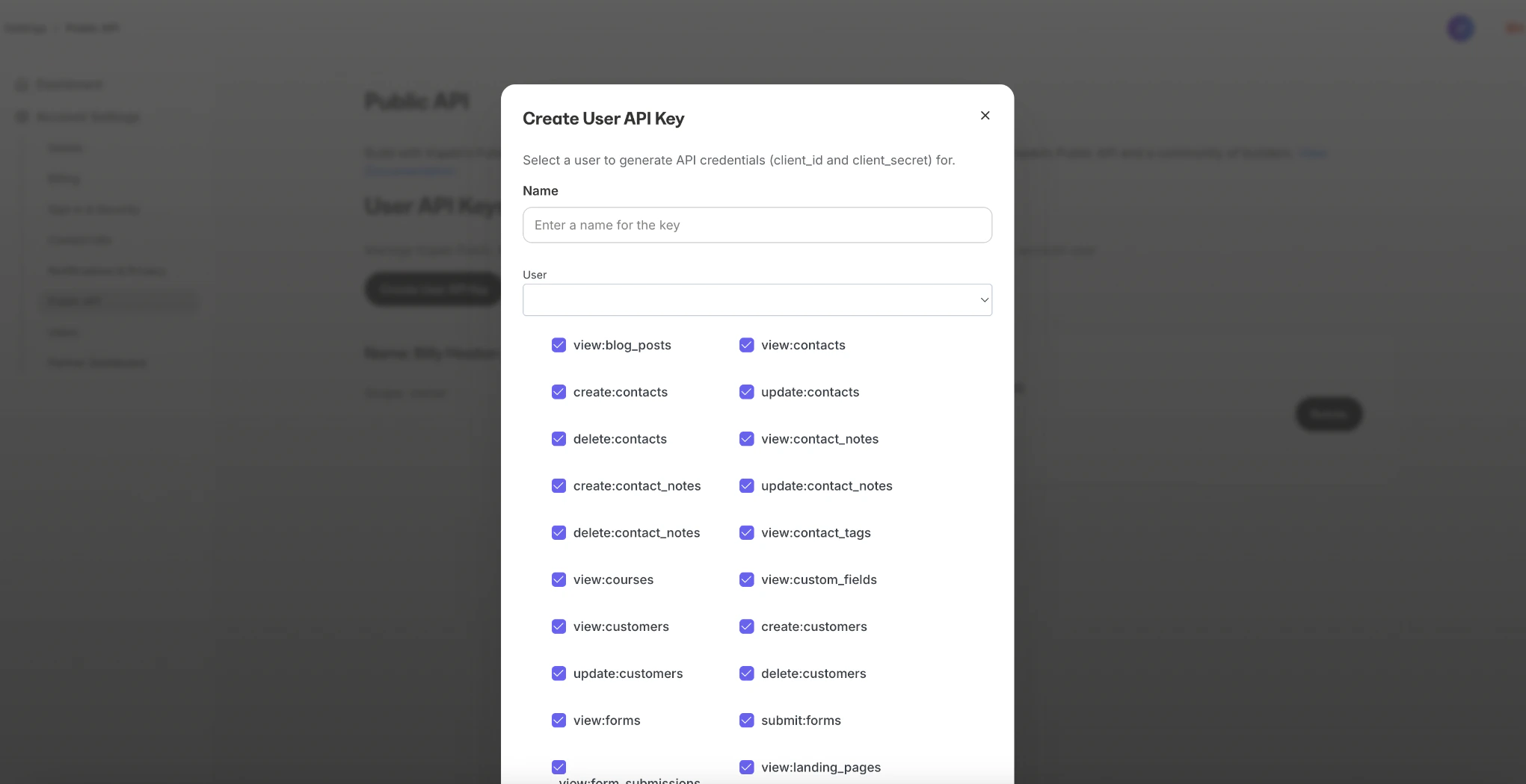 After clicking the "Create User API Key", you can enter a name, choose a user, and select the permissions the key will have.