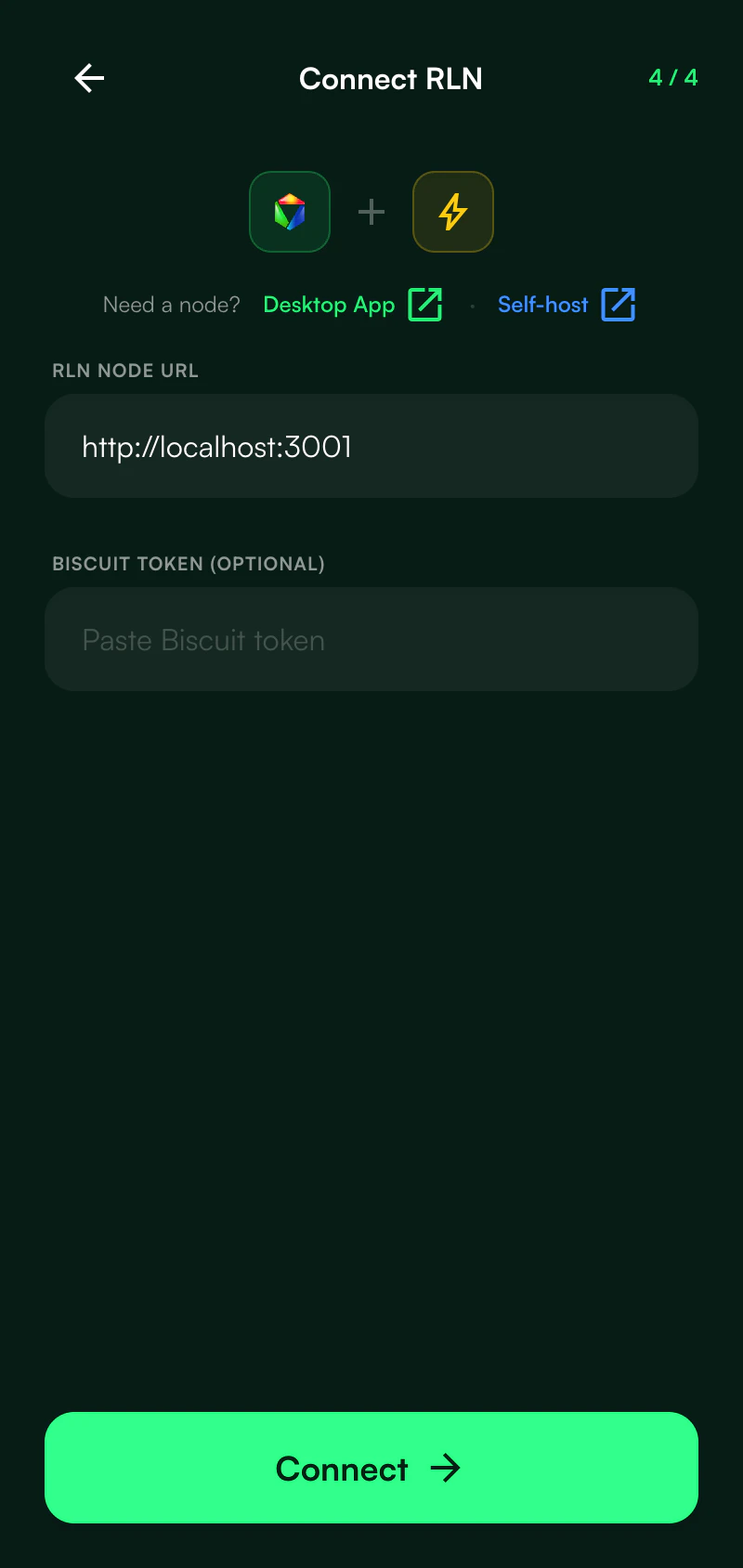 KaleidoSwap Extension RLN connection form