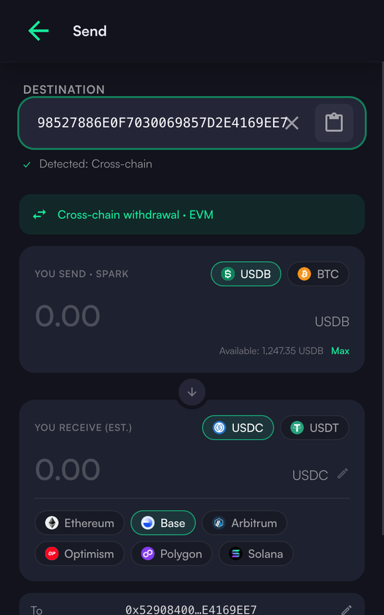 Cross-chain withdrawal detected inside the Send screen, with destination network, recipient address, receive token, exact-out amount, and fee