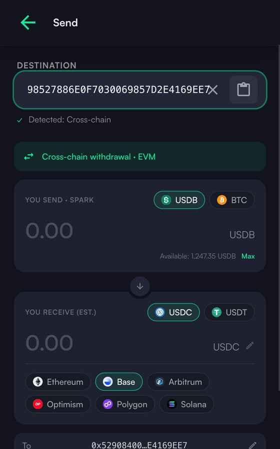 Cross-chain withdrawal detected inside the Send screen, with destination network, recipient address, receive token, exact-out amount, and fee