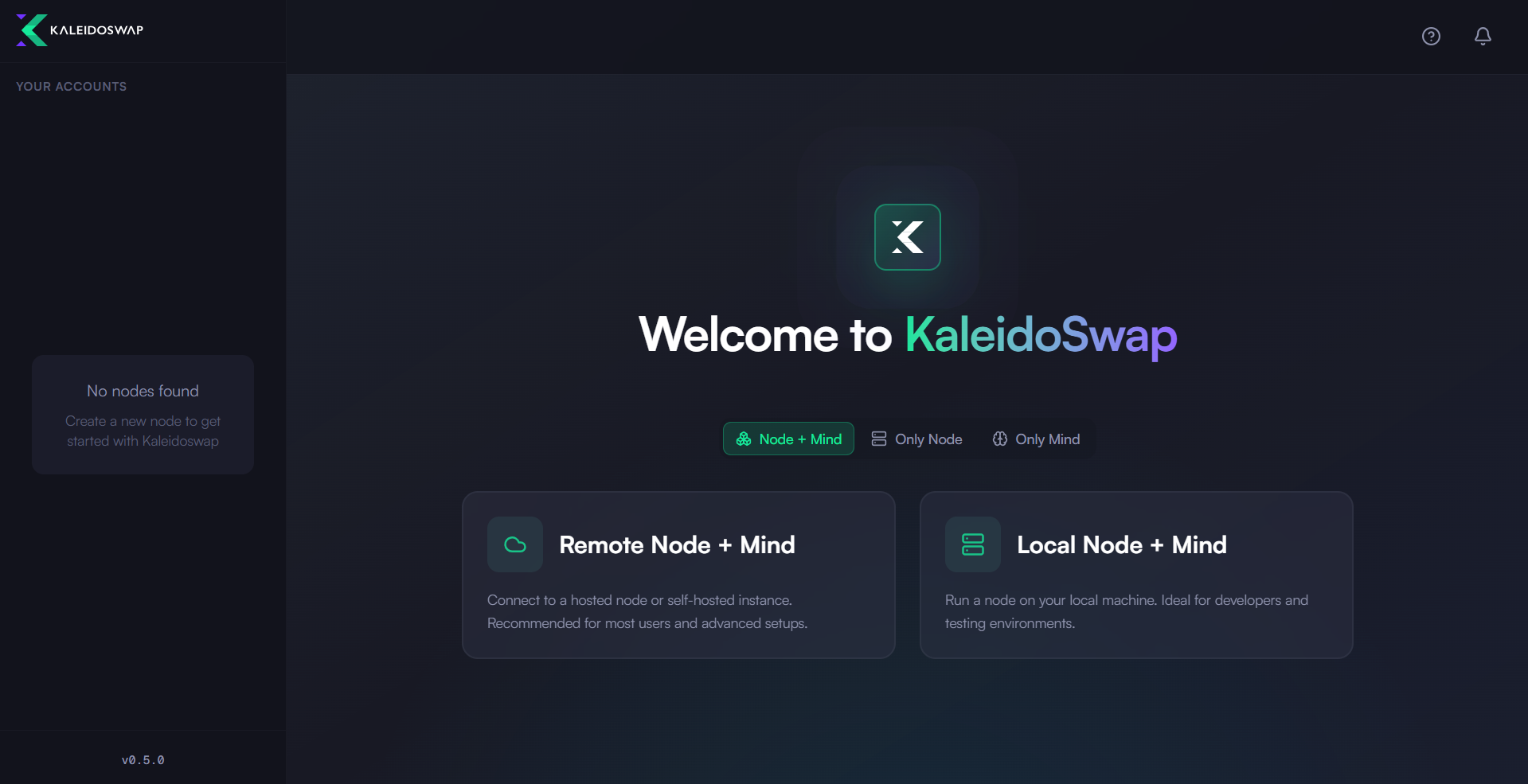 KaleidoSwap 桌面应用启动界面，显示节点连接选项