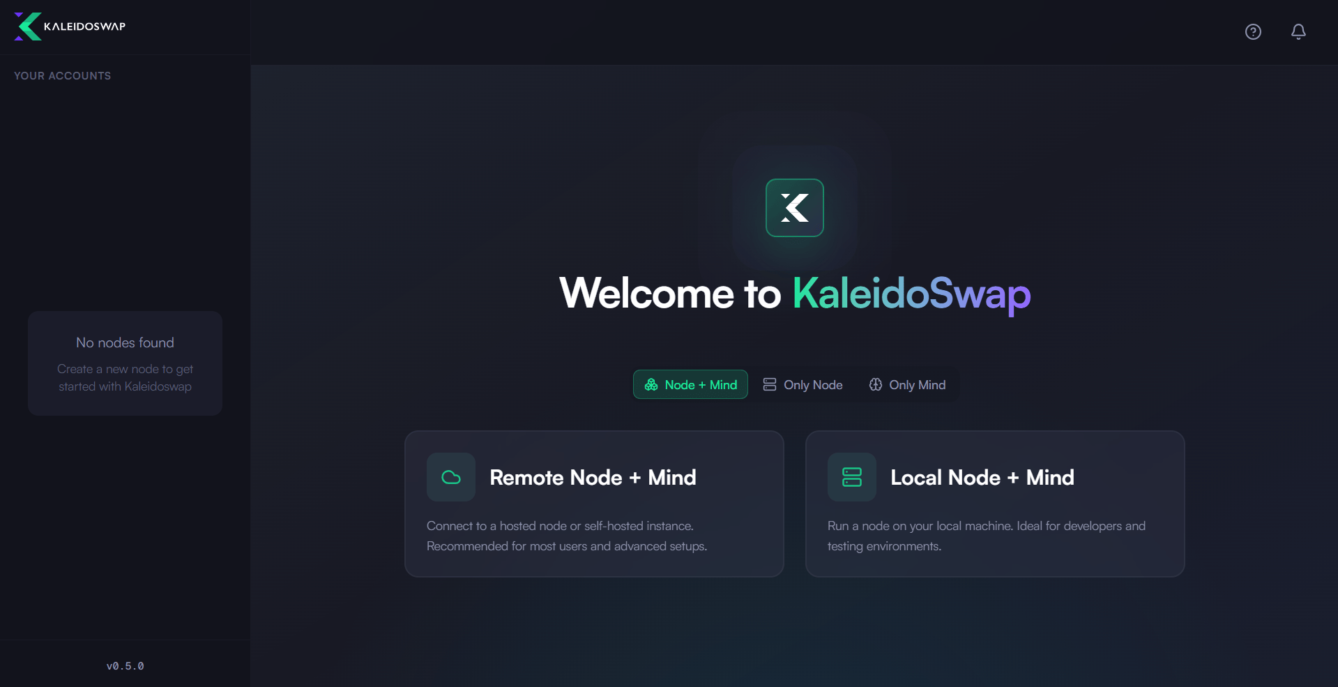KaleidoSwap 桌面应用启动界面,显示节点连接选项