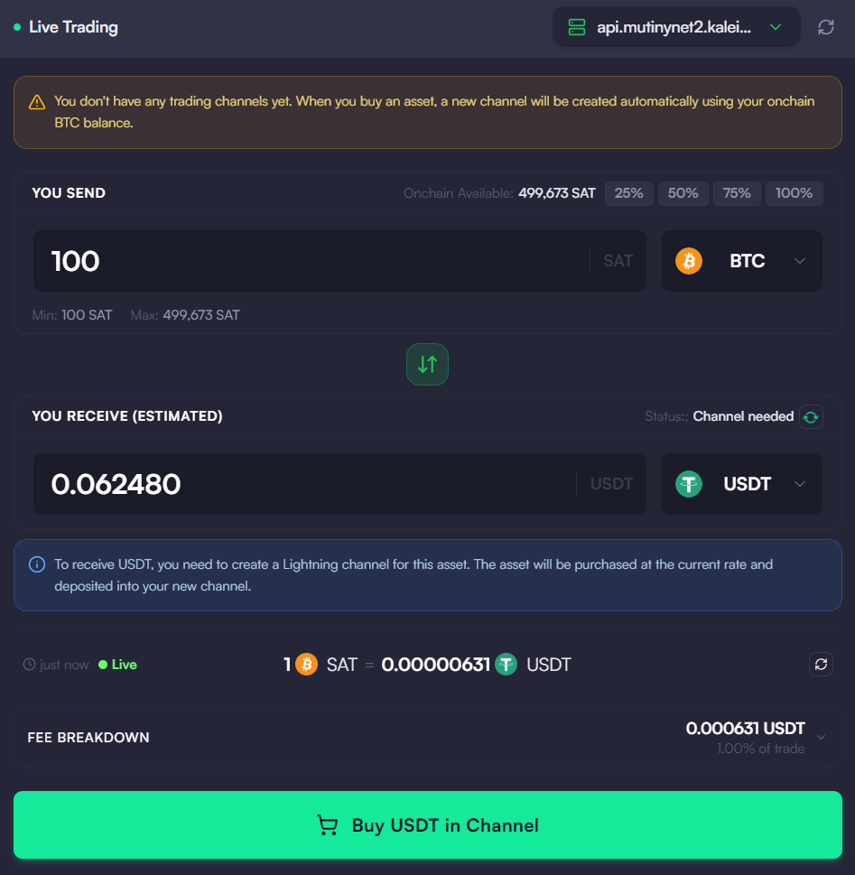 KaleidoSwap 桌面应用交易页面，显示资产对选择与交换报价