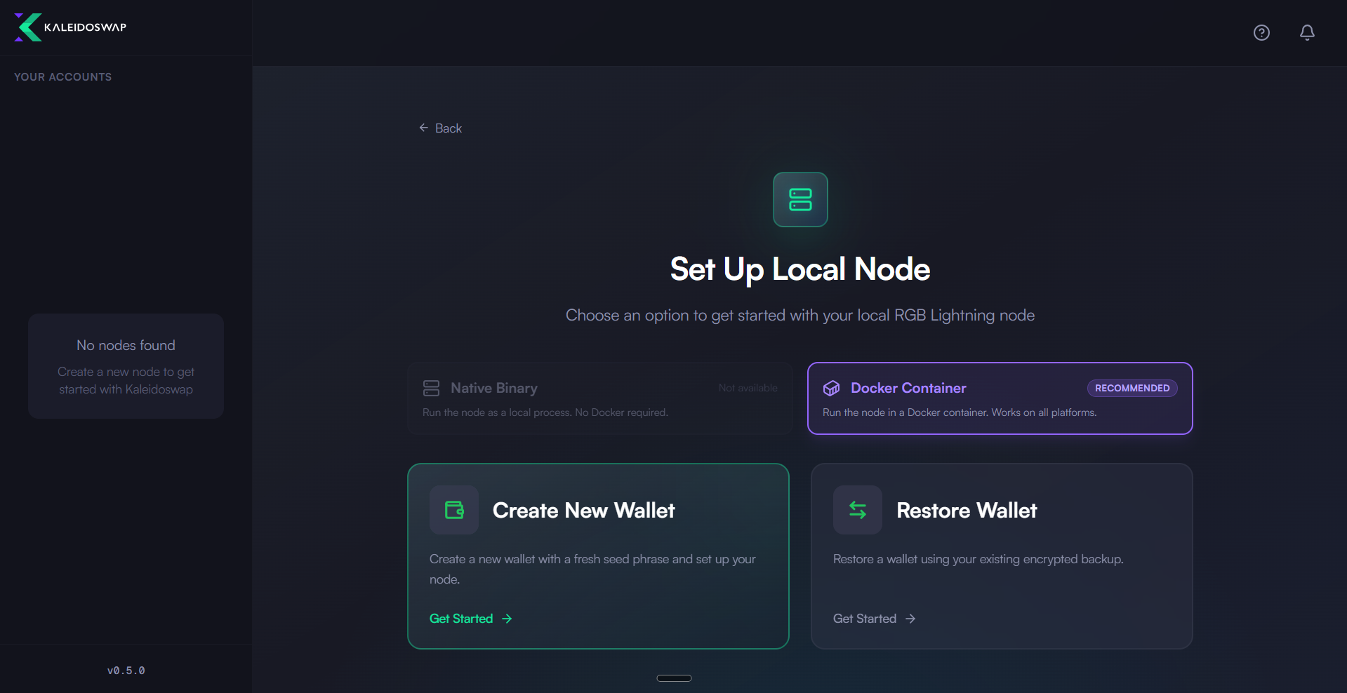 KaleidoSwap 桌面应用中的创建新钱包选项