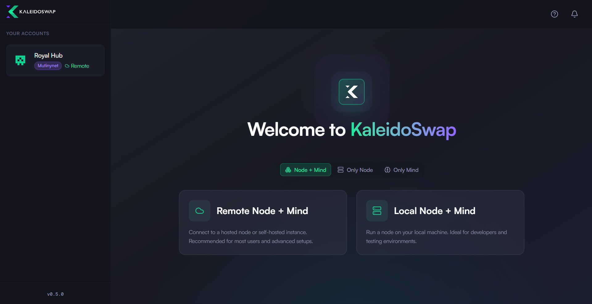 KaleidoSwap 主界面，左侧菜单显示已保存的账户