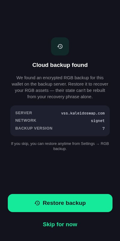Cloud backup found prompt offering to restore encrypted RGB state from the VSS backup server, with a Skip for now option